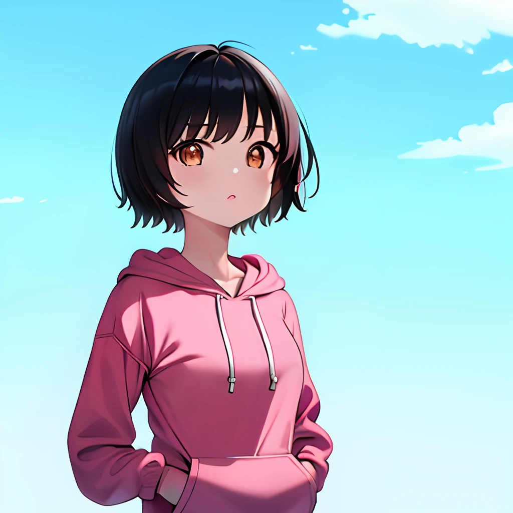 masterpiece, best quality, 1girl,black hair,short hair,pink hoddie,hands in pocket,brown eyes, upper body,looking at viewer,blue sky