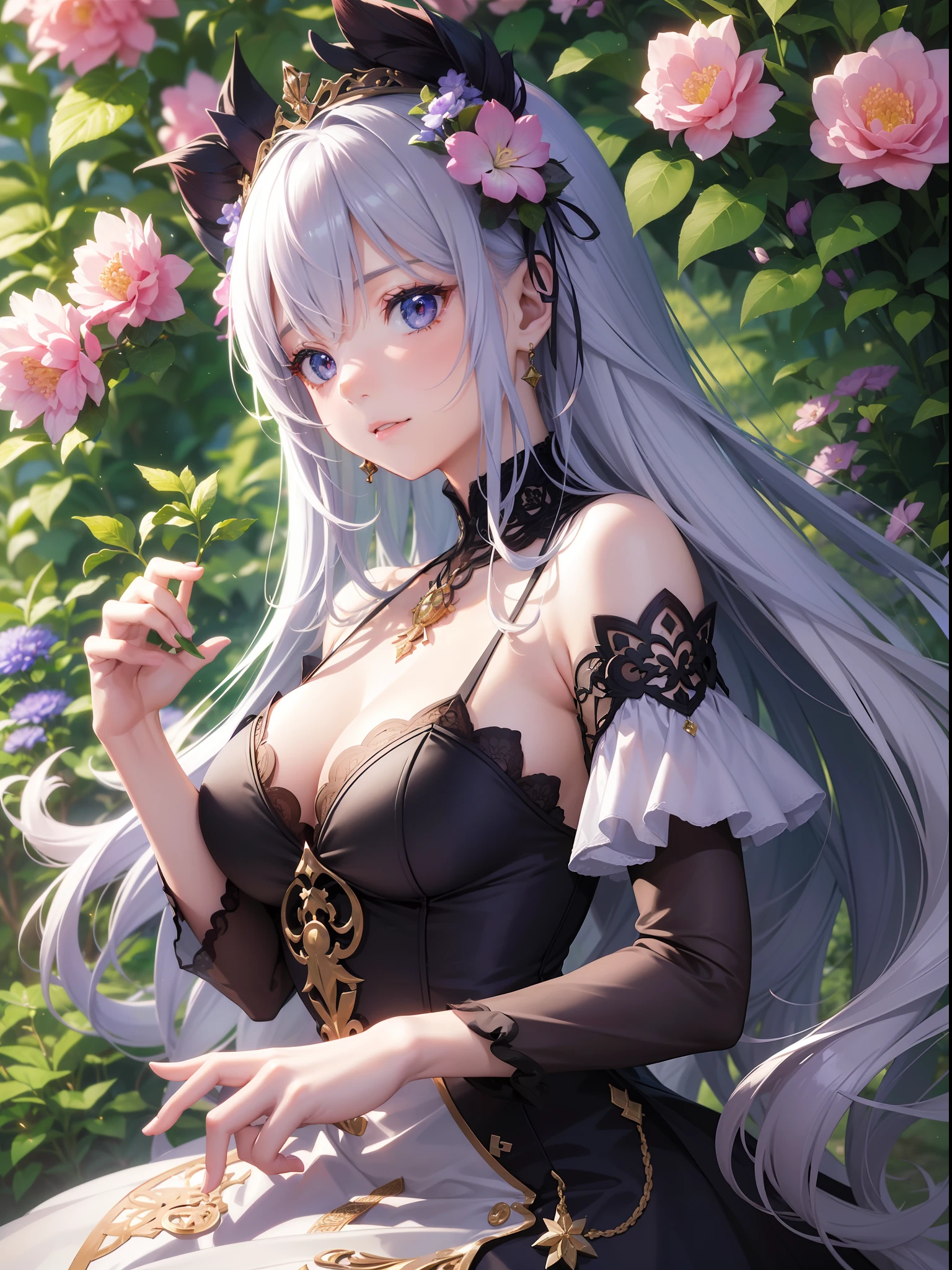 ((Finest quality)),(超A high resolution),(ultra-detailliert),((Best Anime)),sharpnes,Vivid:1.1,The art of astounding depiction, (1人の女性),(Lady in a luxurious dress), Surrounded by colorful flowers