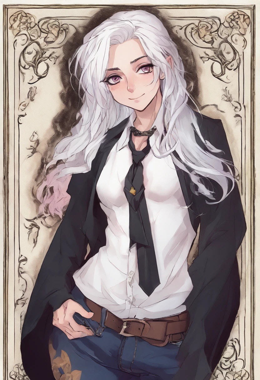 Manic smile woman with white hair, com a cor dos olhos violeta, usando um jaleco branco, and a bobolette tie around his neck, e  uma blusa preta, with jeans and put on
