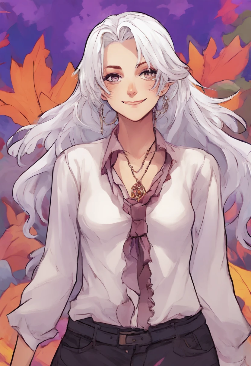 Manic smile woman with white hair, com a cor dos olhos violeta, usando um jaleco branco, and a bobolette tie around his neck, e  uma blusa preta, with jeans and put on