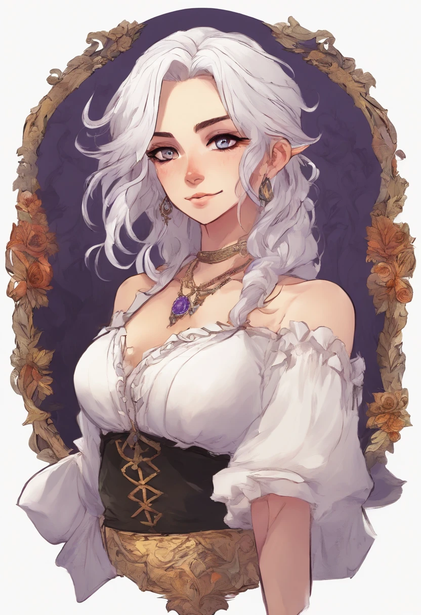 Manic smile woman with white hair, com a cor dos olhos violeta, usando um jaleco branco, and a bobolette tie around his neck, e uma blusa preta, with jeans and put on