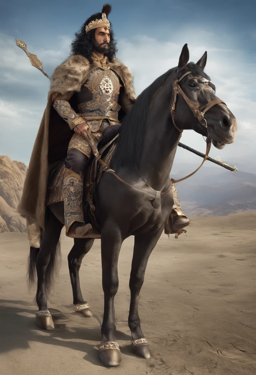 An ultra-realistic image of a indian king ready to embark on an epic journey . An 55 years old indian mughal king of moderate stature, perhaps five foot seven inches in height, strongly built, neither too slight nor too stout, broad-chested, narrow-waisted, and long-armed on a rocky beach, Dress in her leather tunic and fur cape, scar on his face, with a black hourse in the background, gold crown on head, a big blue dimond in his hard ,with his sword in other hand and looking determinedly at the horizon, enquanto o vento suave agita sua capa