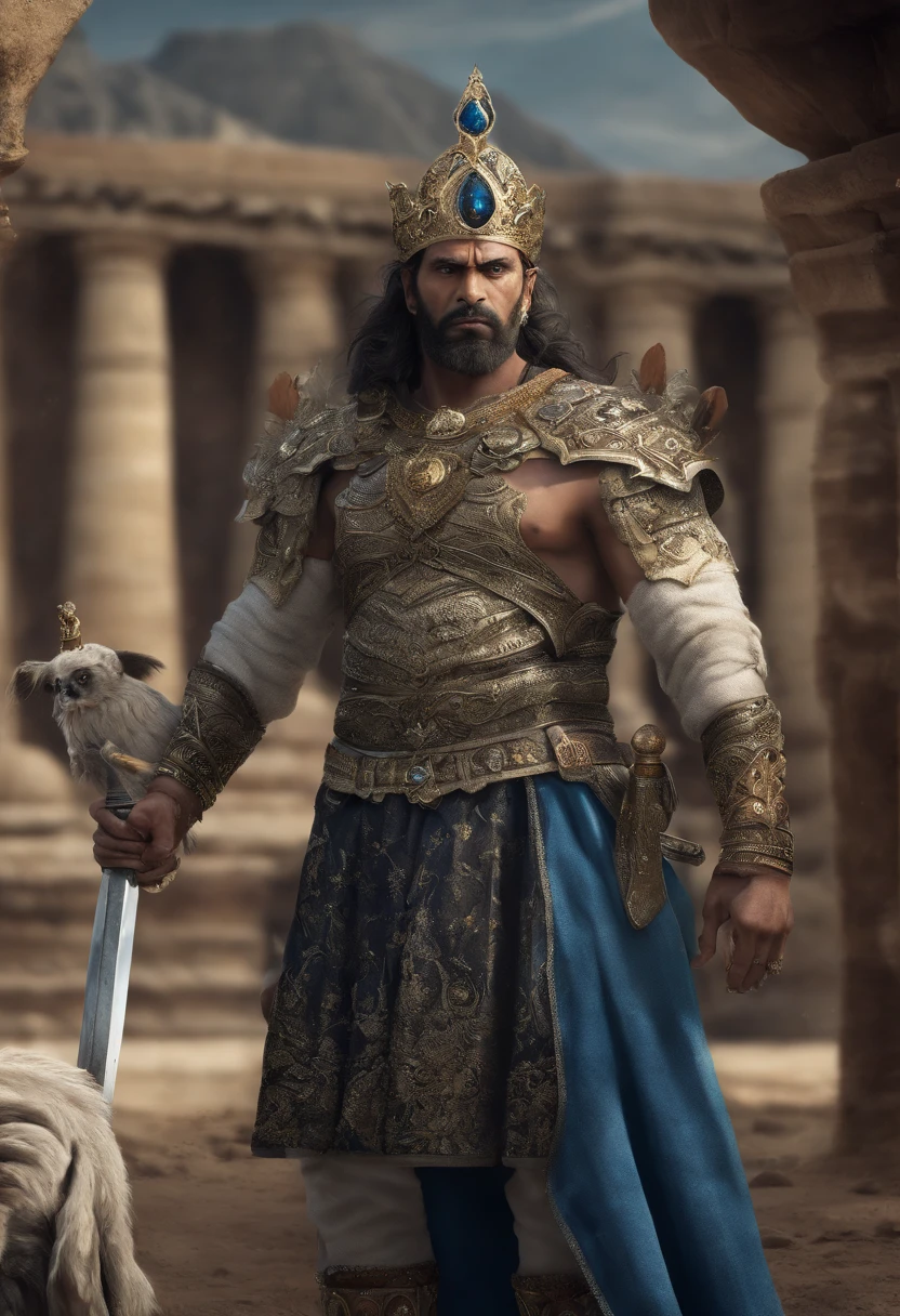 An ultra-realistic image of a indian king ready to embark on an epic journey . An 55 years old indian mughal king of moderate stature, perhaps five foot seven inches in height, strongly built, neither too slight nor too stout, broad-chested, narrow-waisted, and long-armed on a rocky beach, Dress in her leather tunic and fur cape, scar on his face, with a black hourse in the background, gold crown on head, a big blue dimond in his hard ,with his sword in other hand and looking determinedly at the horizon, enquanto o vento suave agita sua capa