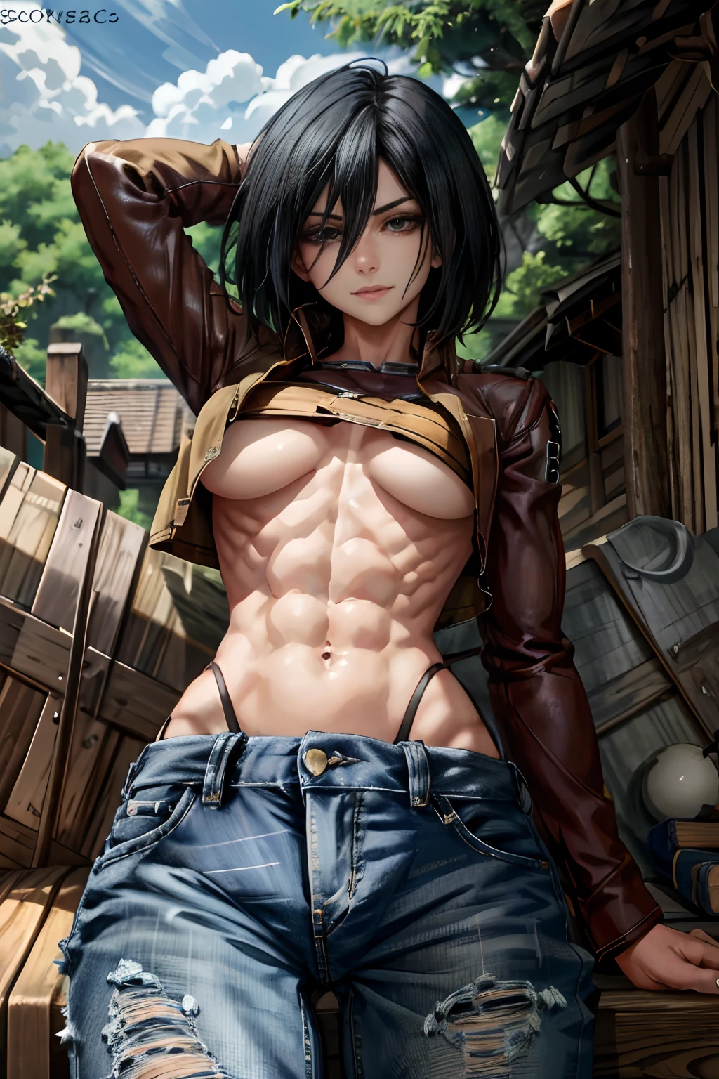 mikasa ackerman, abdomen, bare belly, 1girl, clean face, blurred, black hair, letterboxed, floor, cuts, blurred background, depth of field, short hair, clean, black eyes, tree, green field with trees in background, six pack abs, micro shorts, jeans area, shorts, ripped belly area, post time, 1girl, focus on abdomen, medium breasts, breasts, extremely detailed, detailed body, detailed skin, mature girl, viewer from below, posing, sitting, flexing, flexing abdomen, looking at viewer, smile, sitting with legs open.