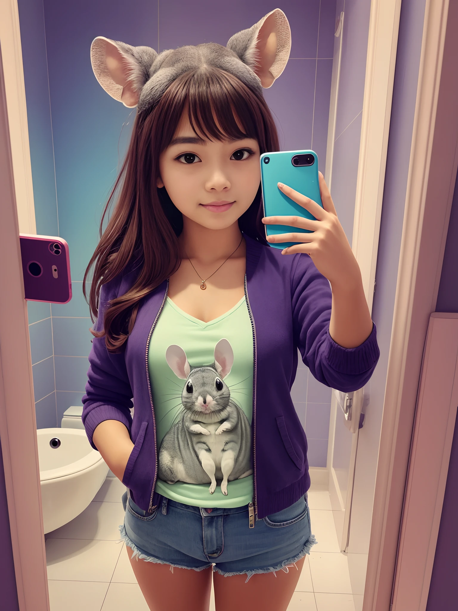 arafed woman taking a selfie in a bathroom with a mirror, 8k selfie photograph, she is facing the camera, 18 years old, very very low quality, 1 6 years old, 2 2 years old, 21 years old, very low quality, 1 8 yo, 2 3 years old, low quality photograph, 2 7 years old, holding a cute cartoon chinchilla --auto --s2