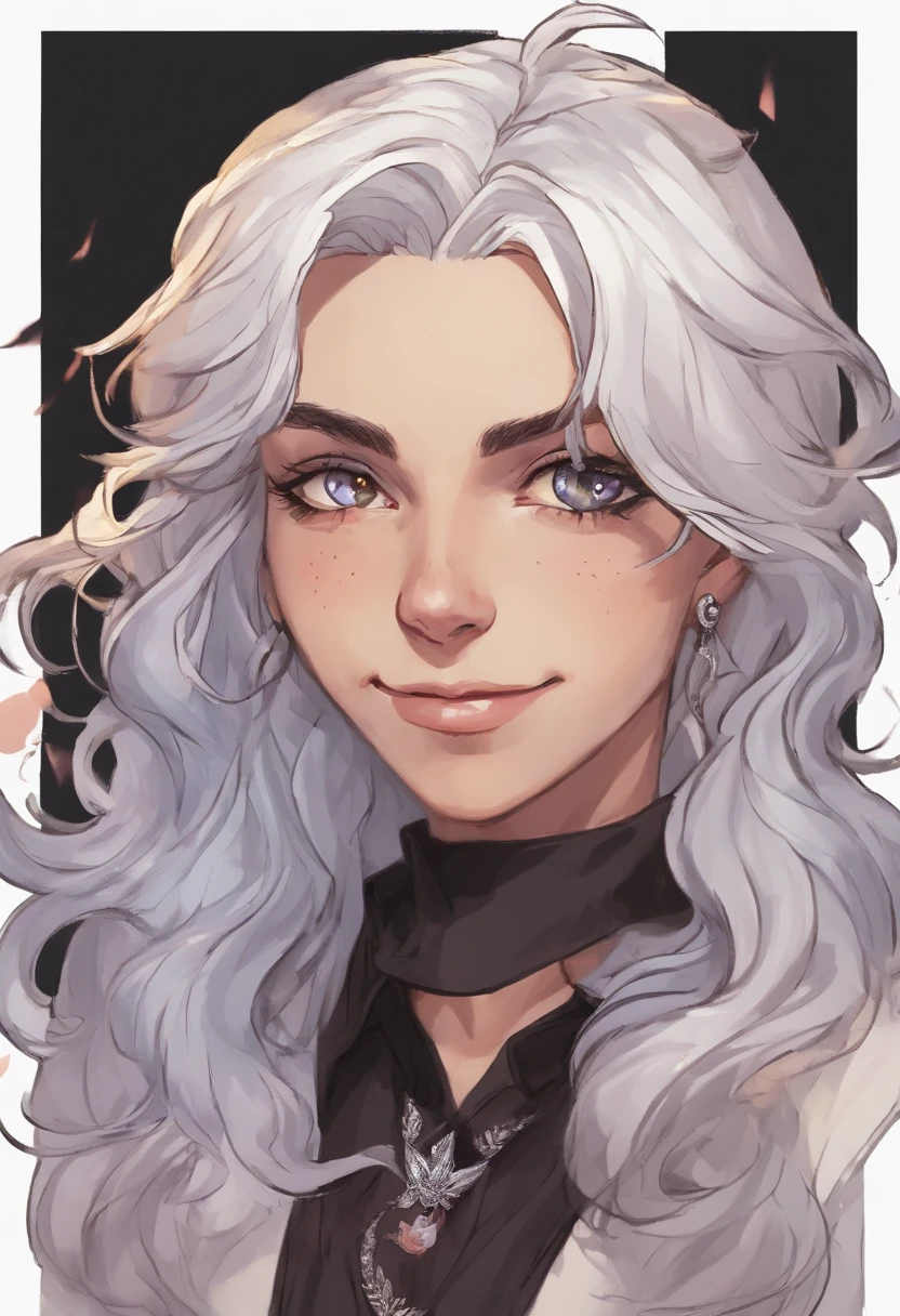 Manic smile woman with silver hair, com a cor dos olhos violeta, usando um jaleco branco, and a bobolette tie around his neck, e uma blusa preta, with jeans and put on