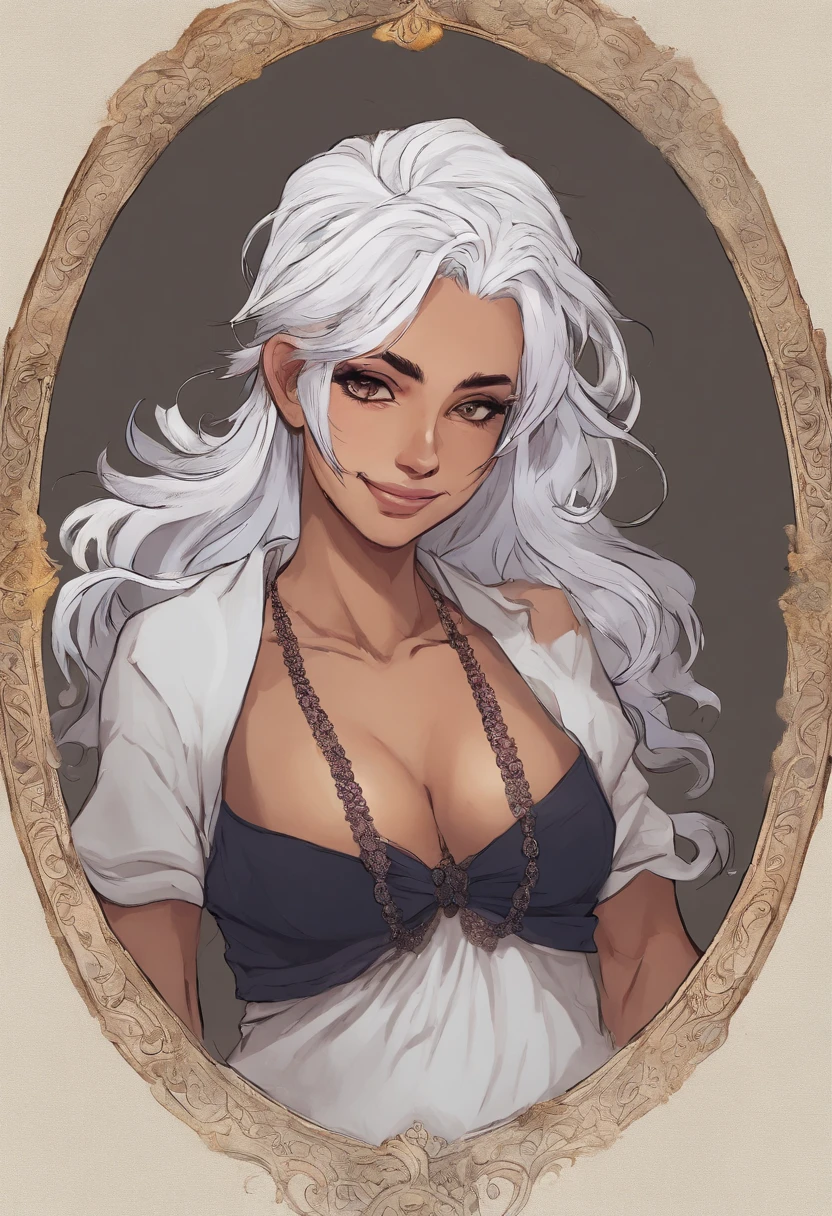 Manic smile woman with silver hair, com a cor dos olhos violeta, usando um jaleco branco, and a bobolette tie around his neck, e uma blusa preta, with jeans and put on