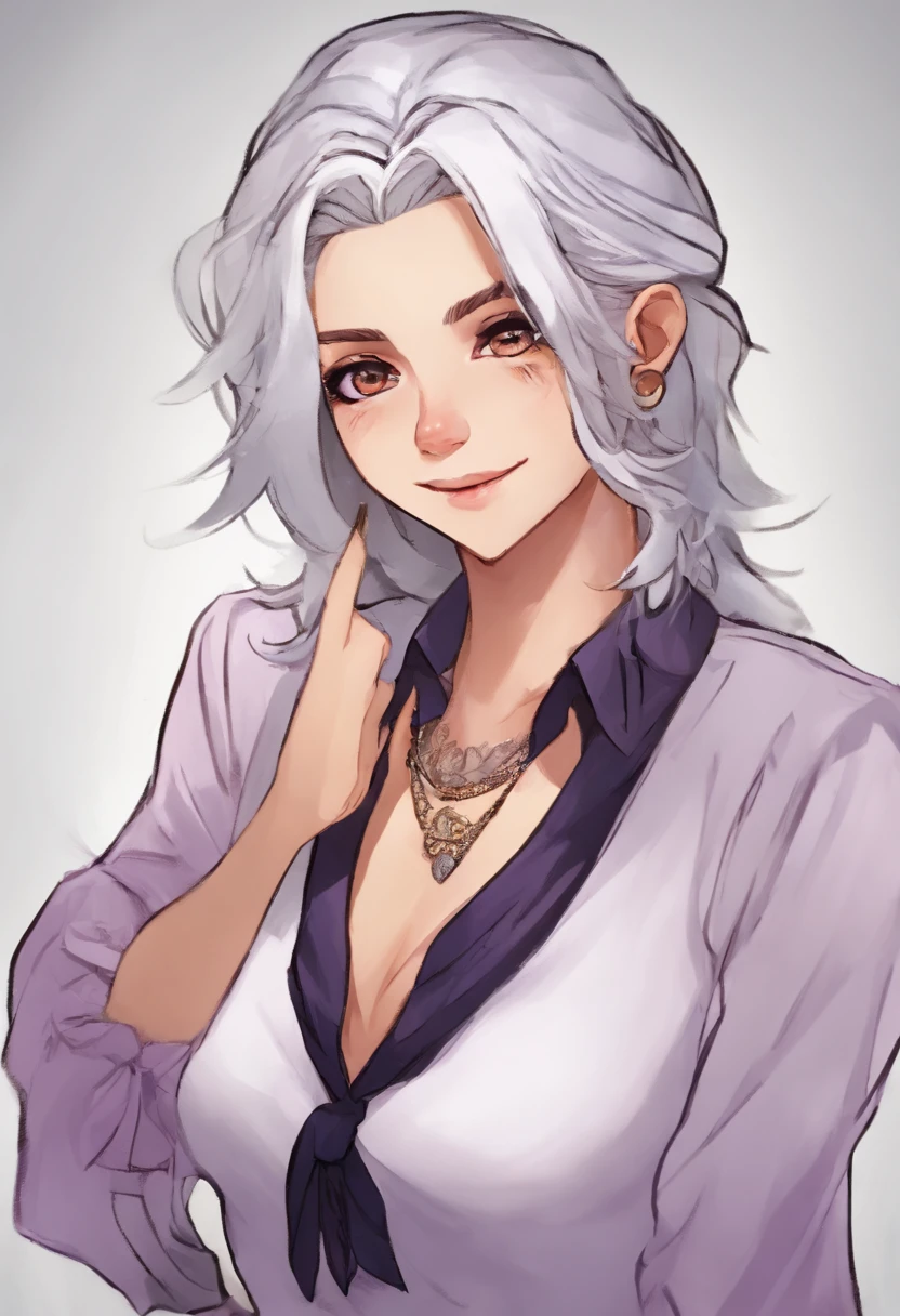 Manic smile woman with silver hair, com a cor dos olhos violeta, usando um jaleco branco, and a bobolette tie around his neck, e uma blusa preta, with jeans and put on