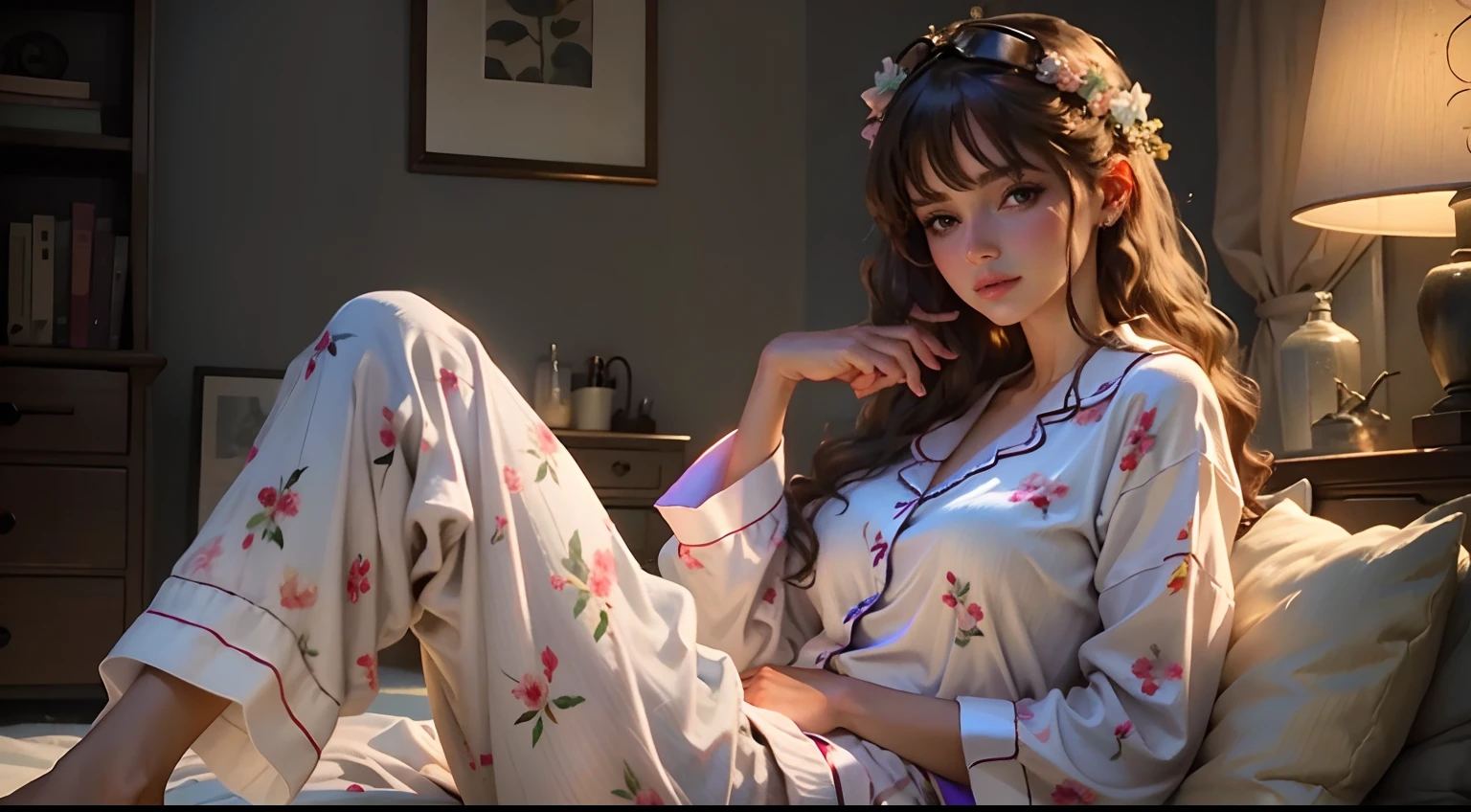 Beautiful woman sitting wearing nightwear, pajamas look sleepy realistic masterpiece