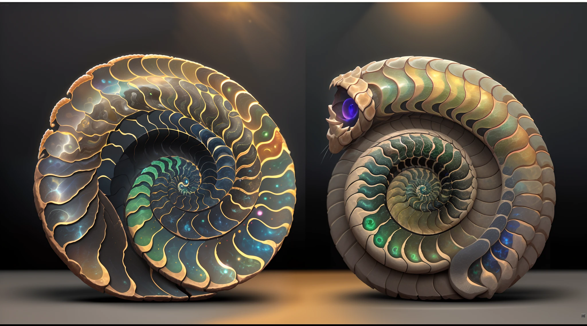 ((Obra maestra)), ((La mejor calidad)), 8k, Unlto detalle, Ultra detallado, Un (negro:1.3) H-style ammonite fossil. R, Gigger, Magia, simetry, mathematics, Altamente detallado, Intrincado, color grafito, titanio, carbono, acero anodisado, Recargado, circles, Infinite Ammonite Fossil, just one fossil,  interminable, 8K photograph, 16k, magical hyperrealism, atrapante, imposible no seducirse, colores vibrantes, film specular lighting