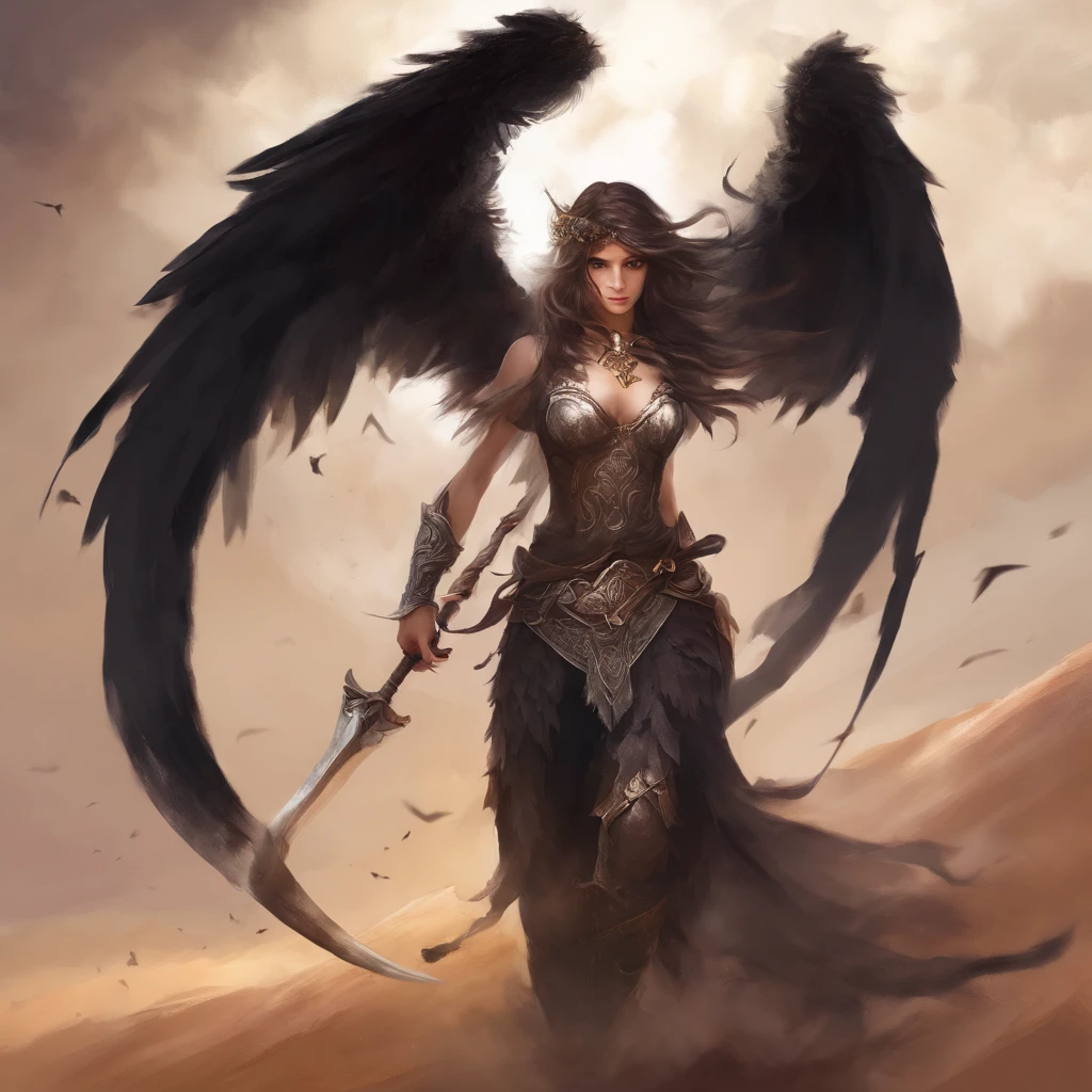 top-quality, masterpiece, ultra-detailliert, Girl in the form of an angel, Black wings, Giant tornado, A desert, Vast, forceful