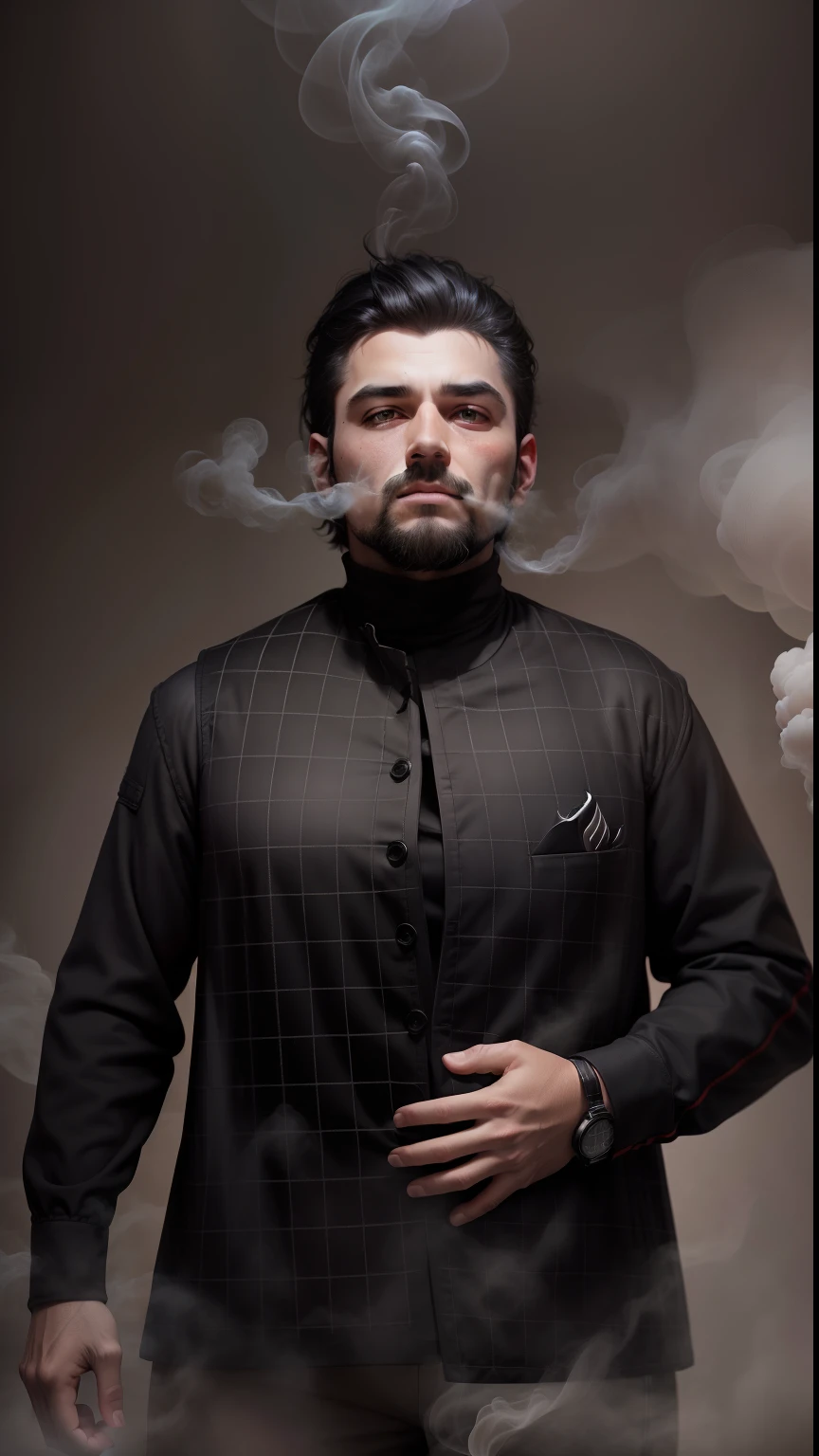 best quality,ultra-detailed,realistic,dramatic lighting,portrait,studio lighting,high resolution,sharp focus,dark colors,wispy smoke,black and white,texture details,hand clenched tightly