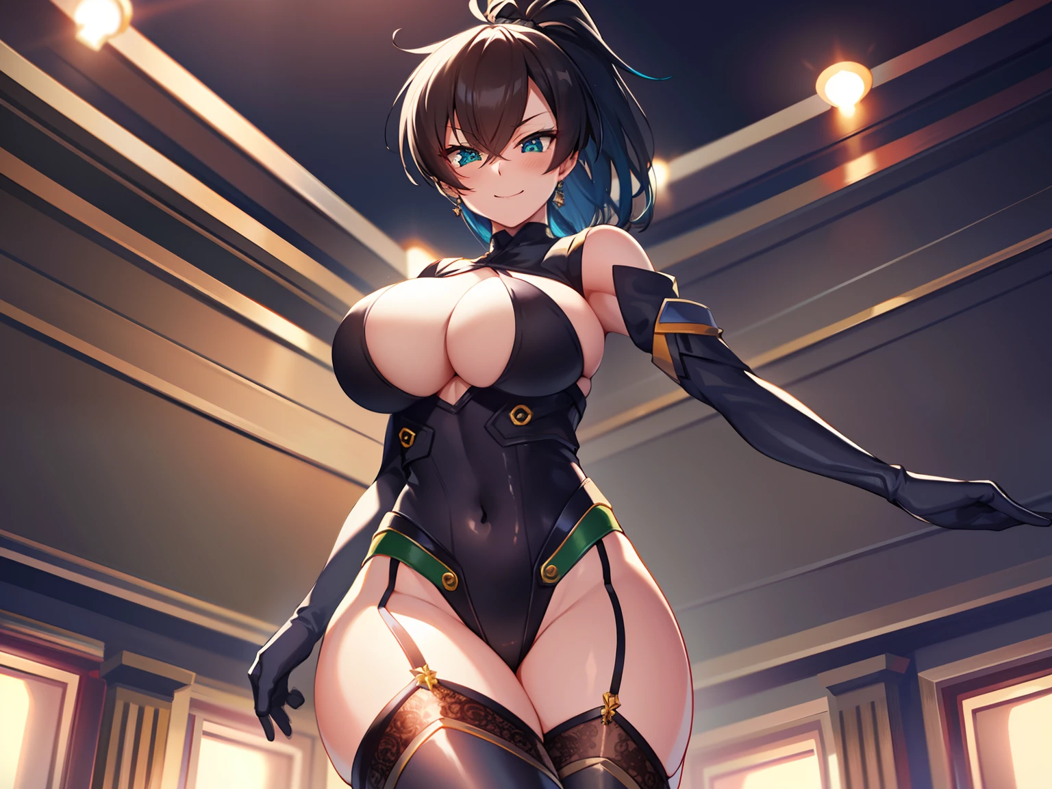 (hyper extreme detailed),masterpeace,(hyper extreme),(photorealistic),CG,(colour:1.2), beautiful lighting,light from the front, solo,  fuuma_tokiko,black hair,short hair,split ponytail,black leotard,black thighhighs,garter_straps,black elbow_gloves,green gemstone,highleg_leotard,thigh_boots,covered navel,asymmetrical bangs,sidelocks,looking at viewer,point of view,smile,happy,blush,standing seductively, cleavage,