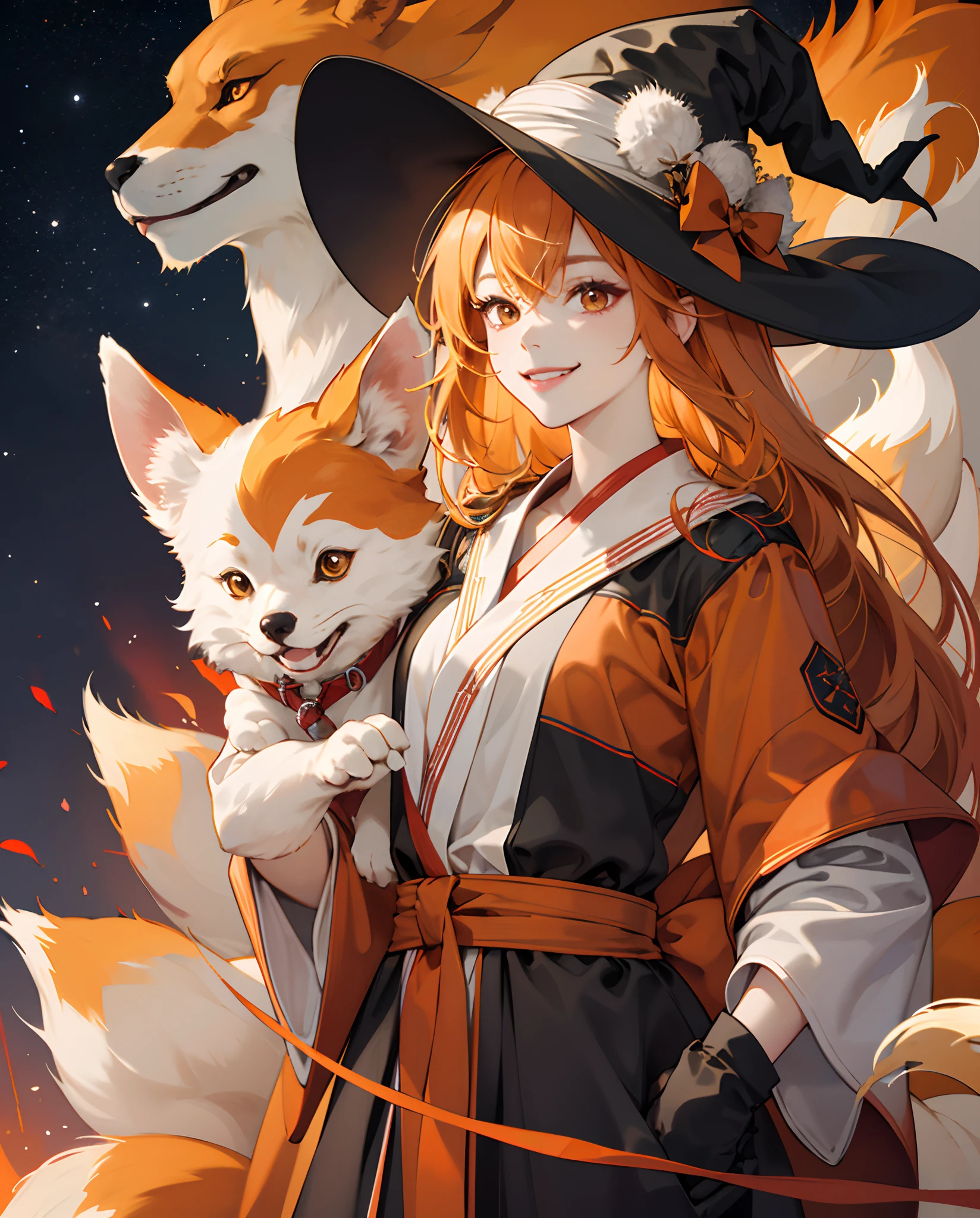 top-quality、9Tailed fox、Woman with a bewitching smile、1girl、orange color hair