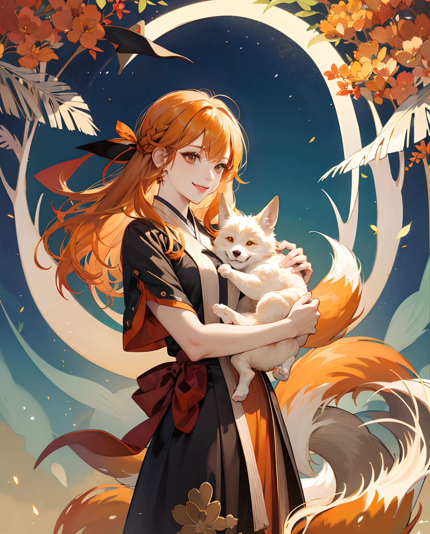 top-quality、9Tailed fox、Woman with a bewitching smile、1girl、orange color hair