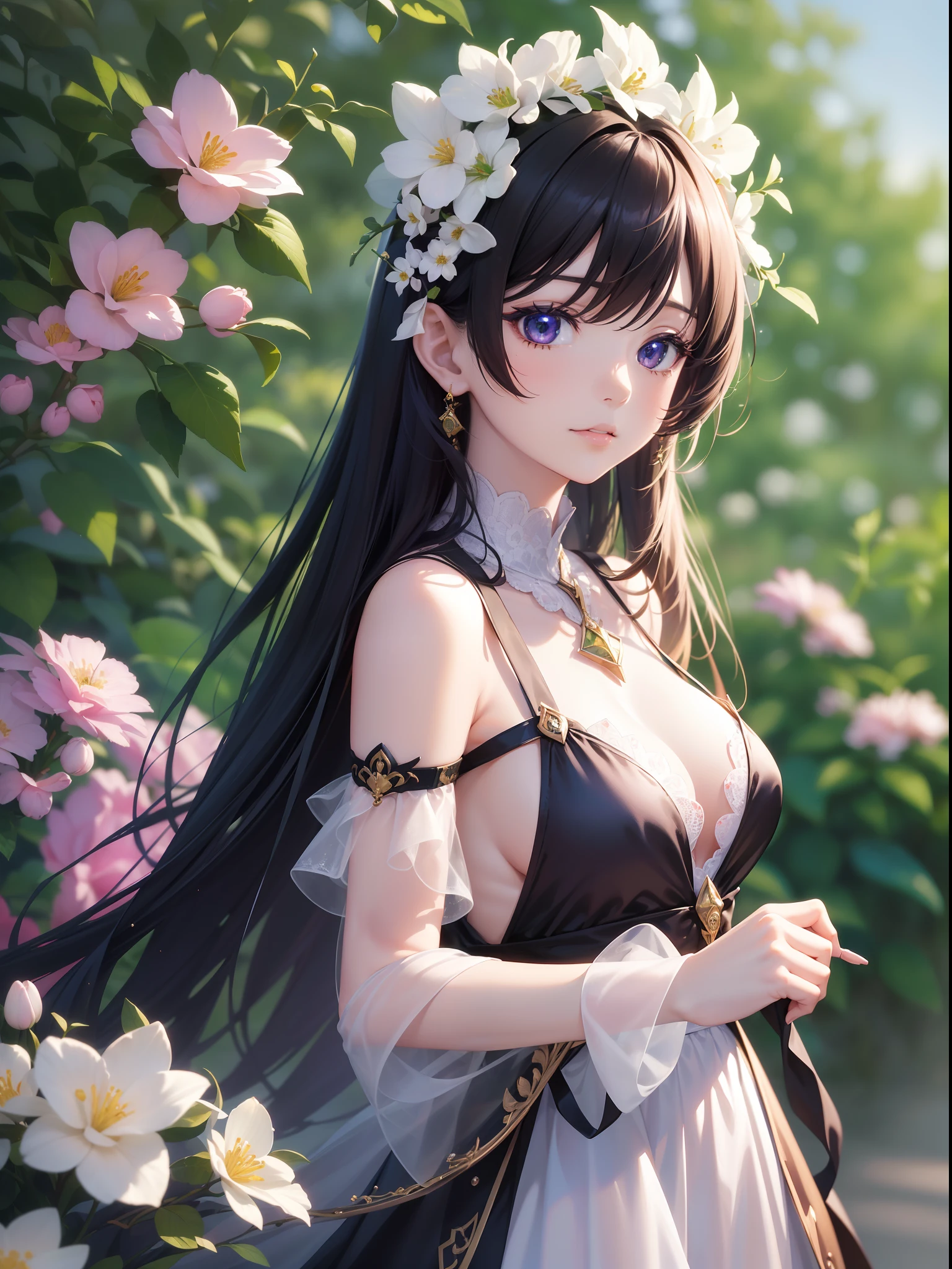 ((Finest quality)),(超A high resolution),(ultra-detailliert),((Best Anime)),sharpnes,Vivid:1.1,The art of astounding depiction, (1人の女性),(Lady in a luxurious dress), Surrounded by colorful flowers