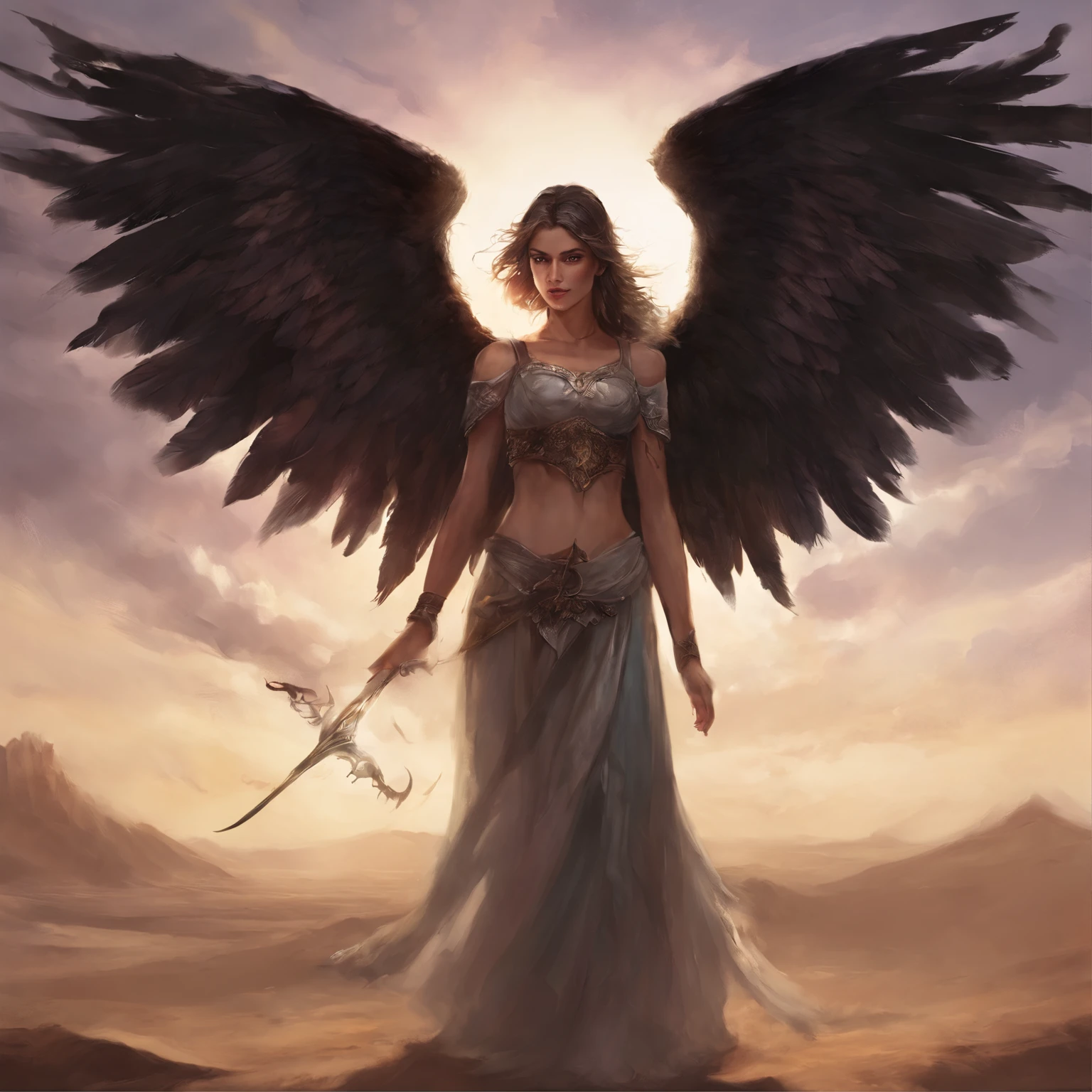 top-quality, masterpiece, ultra-detailliert, Girl in the form of an angel, Black wings, Giant tornado, A desert, Vast, forceful