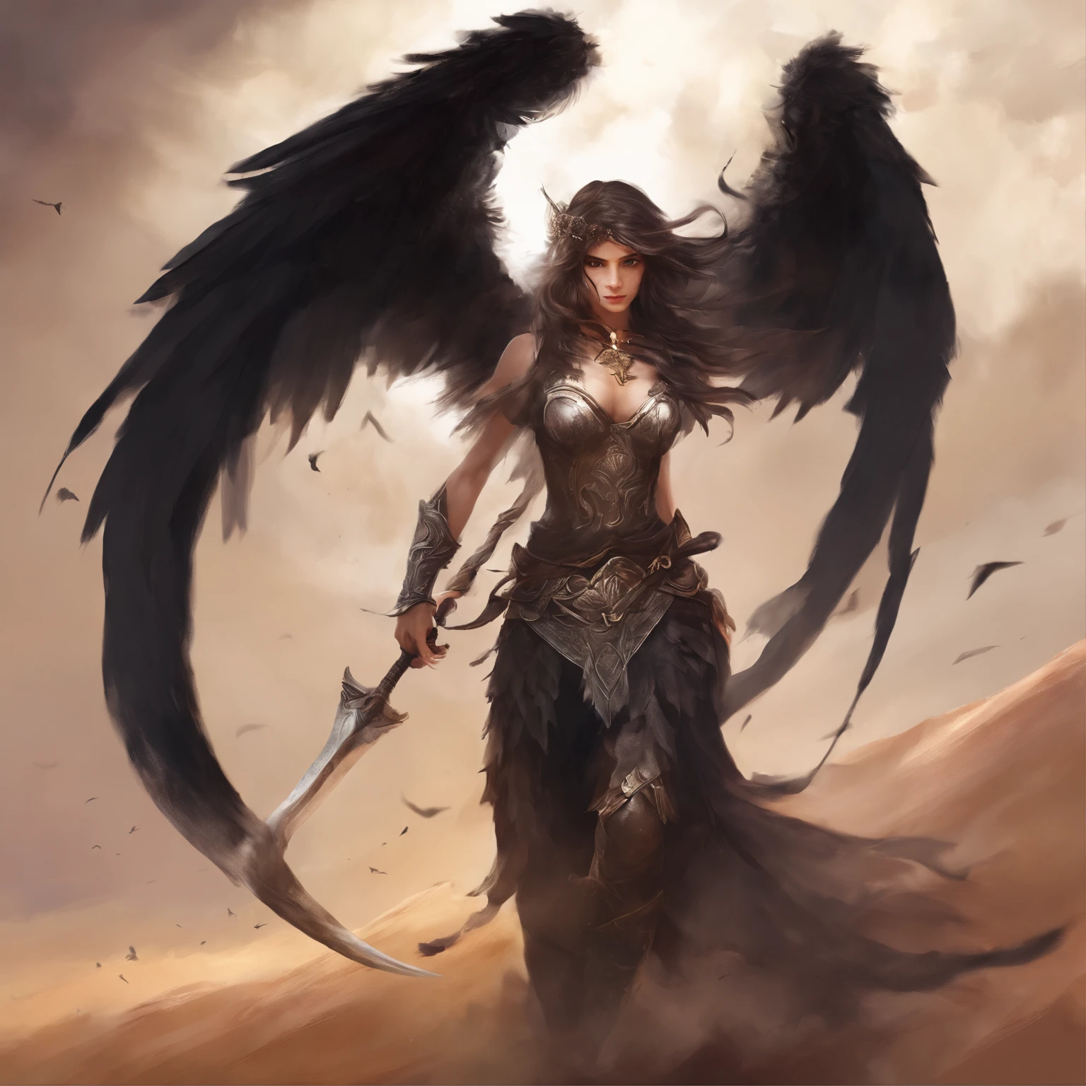 top-quality, ​masterpiece, ultra-detailliert, Girl in the form of an angel, Black wings, Giant tornado, A desert, Vast, forceful