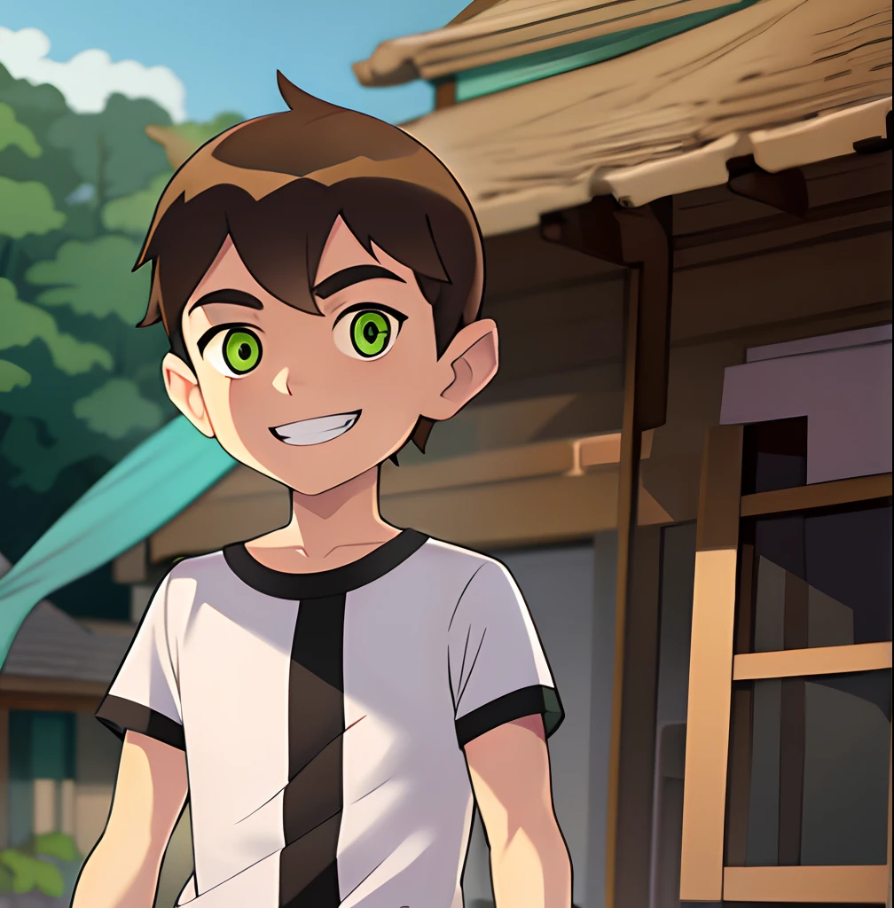 masterpiece, best quality, 1boy, bentennyson,green eyes, shirt, upper body,looking at viewer,teeth,smile