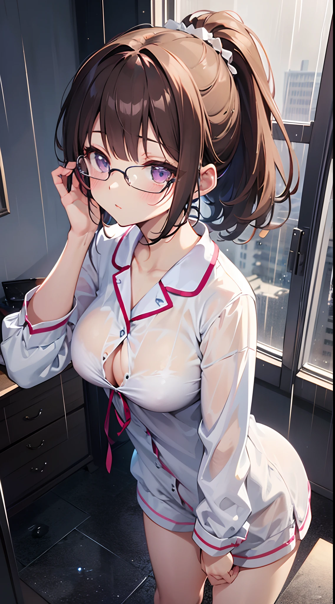 ((masterpiece)), ((best quality)), (ultra-detailed), ((kawaii)), cute, (lovely), ((sexy)), (ero), ((extremely detailed)), 4K, (8K), best quality, (beautiful), anime style, upper body, look down from above, full body focus, in the room, on the bed, morning, a cute girl, 1girl, solo, pajama, beautiful light brown hair, beautiful purple eyes, ((beautiful eyes)), white-skinned, ponytail, transparent hair, translucent hair, large breast, glasses, cool, wind effect, rainy, rain, reflection effect