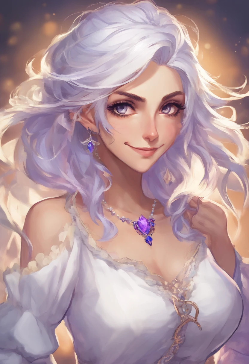 Manic smile woman with silver hair, com a cor dos olhos violeta, usando um jaleco Branco, e uma blusa preta, com uma gravata boboleta, with jeans and put on