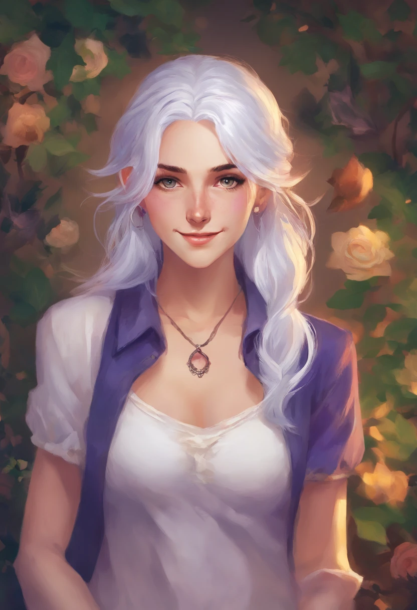 Manic smile woman with silver hair, com a cor dos olhos violeta, usando um jaleco Branco, e uma blusa preta, com uma gravata boboleta, with jeans and put on