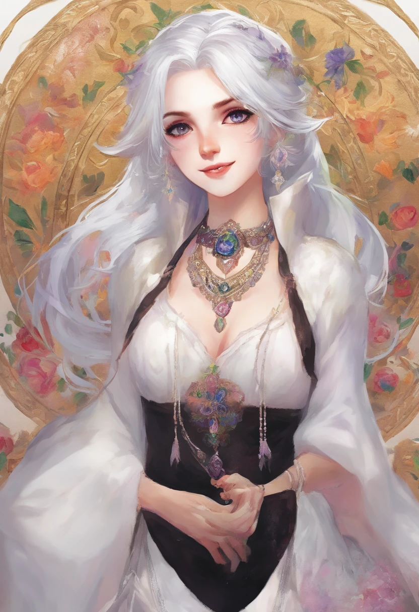 Manic smile woman with silver hair, com a cor dos olhos violeta, usando um jaleco Branco, e uma blusa preta, com uma gravata boboleta, with jeans and put on