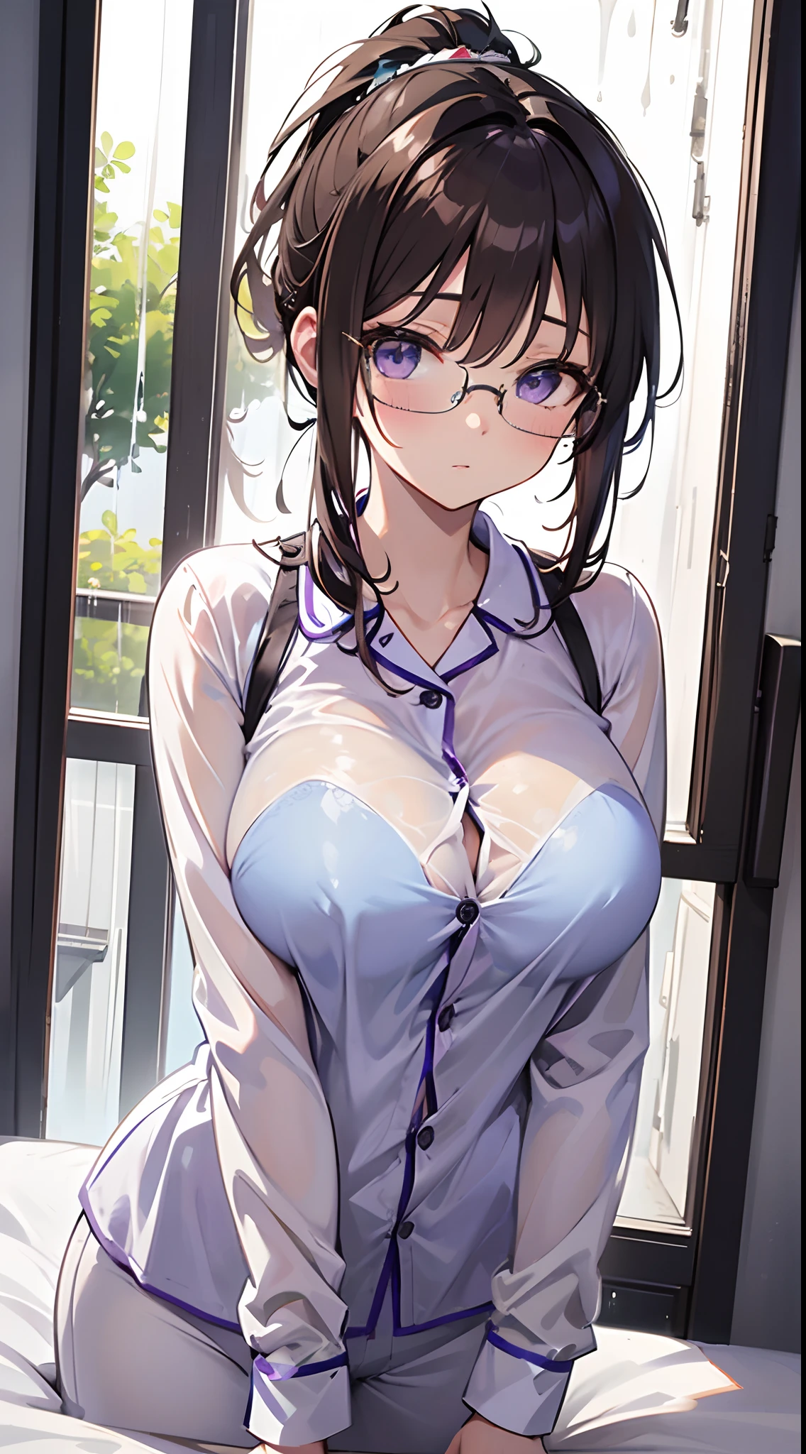 ((masterpiece)), ((best quality)), (ultra-detailed), ((kawaii)), cute, (lovely), ((sexy)), (ero), ((extremely detailed)), 4K, (8K), best quality, (beautiful), anime style, upper body, look down from above, full body focus, in the room, on the bed, morning, a cute girl, 1girl, solo, pajama, beautiful light brown hair, beautiful purple eyes, ((beautiful eyes)), white-skinned, ponytail, transparent hair, translucent hair, large breast, glasses, cool, wind effect, rainy, rain, reflection effect