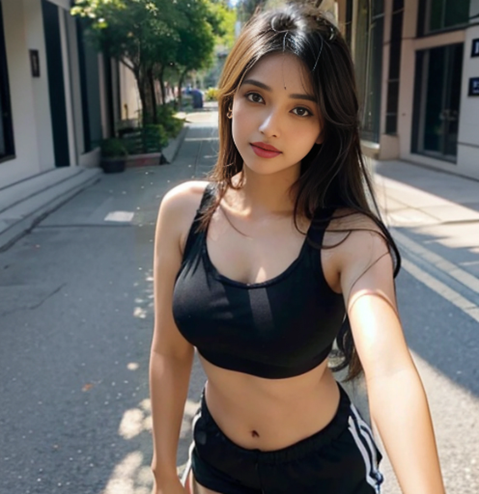 a woman in a black top and shorts posing for a picture, 2 4 year old female model, black bra, she is wearing a black tank top, beautiful asian girl, asian girl, 18 years old, attractive girl, very beautiful girl, tiny black bra, attractive face and body, sexy girl, black top, 2 , 21 years old