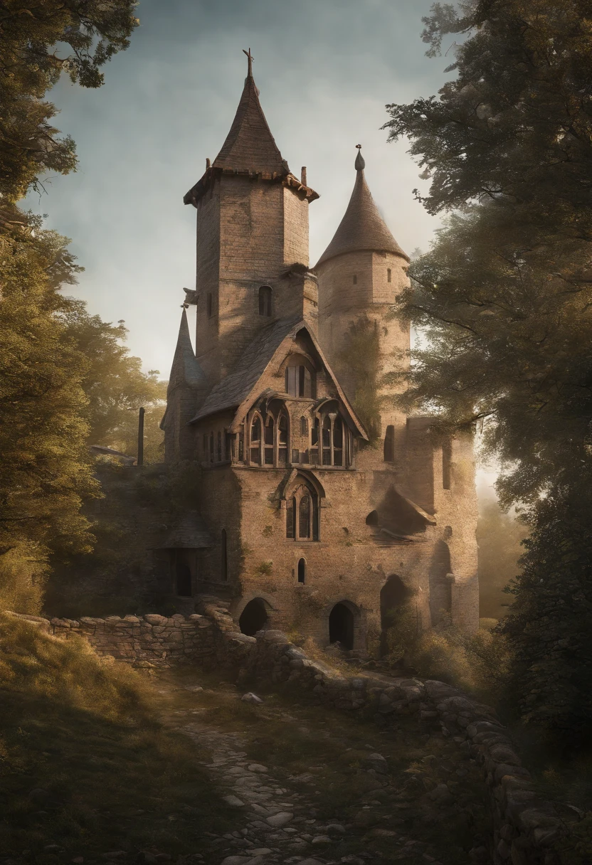 ((masterpiece)),((best quality)),((high detail)),((realistic,)) ((ultra detailed)) landscape of a small medieval town, cartoonist illustration, aeria view, beautiful sky, deformed clouds, 1.3:pine trees, towers.