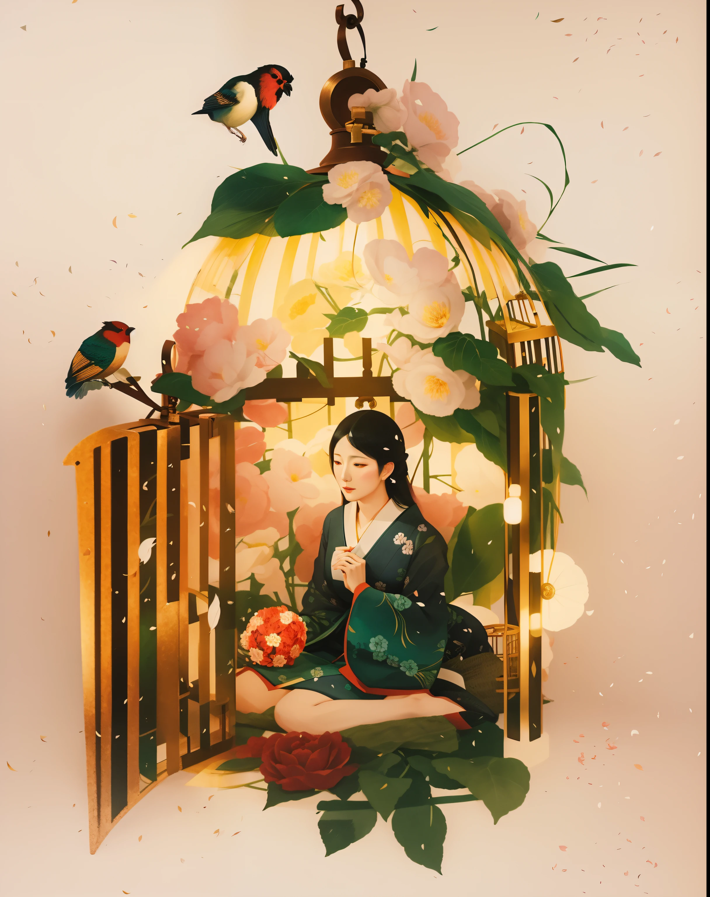 There is a woman sitting in a bird cage with flowers, inspired by Itō Shinsui, inspirado em Will Barnet, Directed by: Maki Haku, Directed by: Kose Kanaoka, sentado com flores, Directed by: Kamisaka Sekka, Directed by: Eizan Kikukawa, inspirado em Anna e Elena Balbusso, dreamy illustration, inspirado em Georges de La Tour