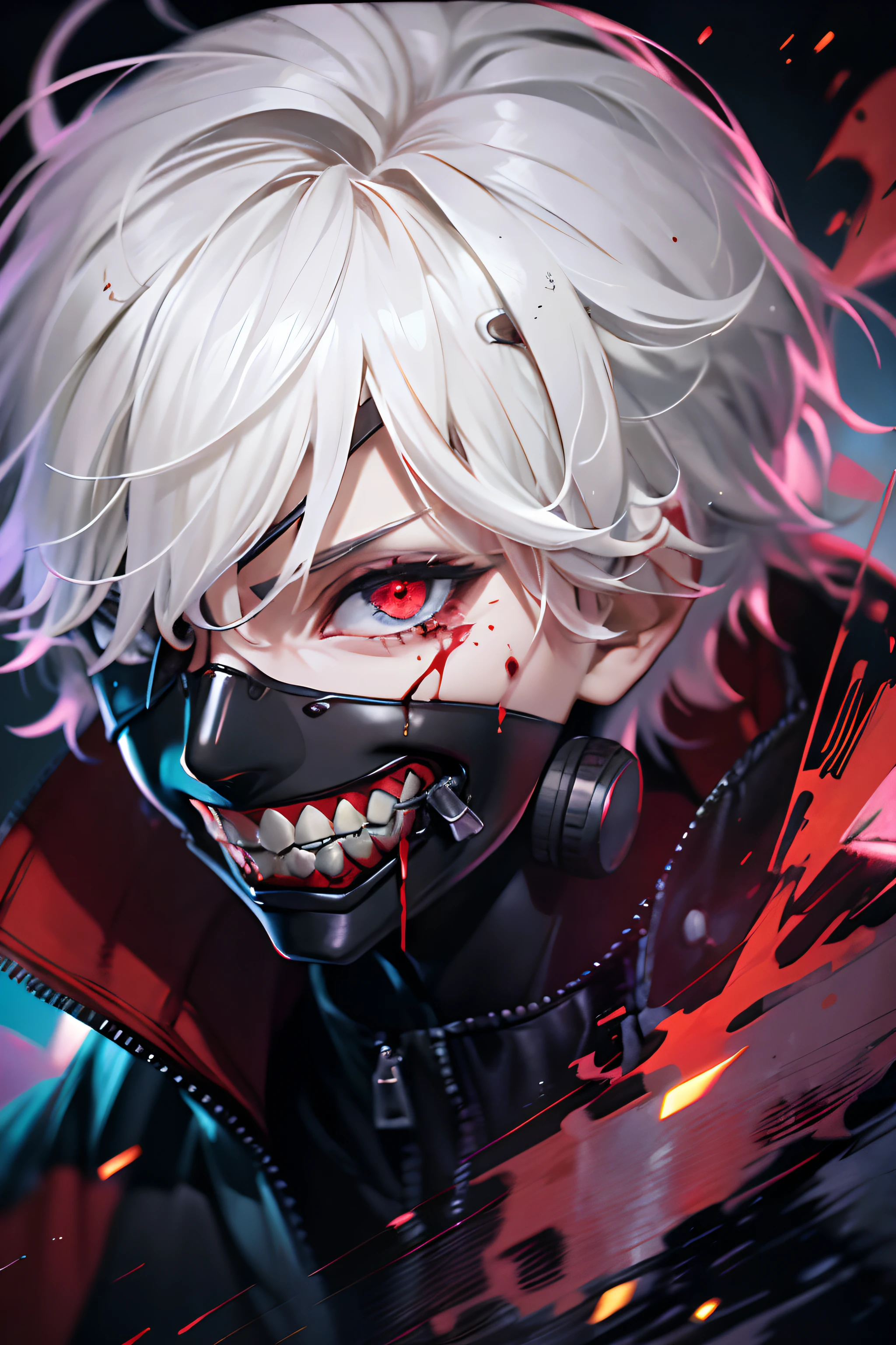 8k, anime, portrait, best quality, ultra high res, ultra detailed, high contrast color tone, extremely detailed lighting, cinematic lighting, soft lights, (masterpiece, high quality:1.4), (kaneki ken, white hair, red and black eye, mask | teeth, blood eyes, black jacket, scorpio tentacles), blood, ((full body)), (dynamic pose), black background, thrilling, (fierce face)