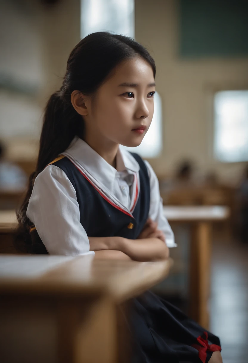 Korean girl in school uniform, kneeled down, facing camera
