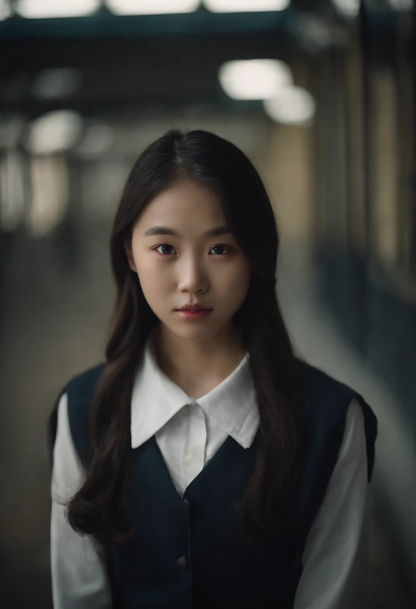 Korean girl in school uniform, kneeled down, facing camera