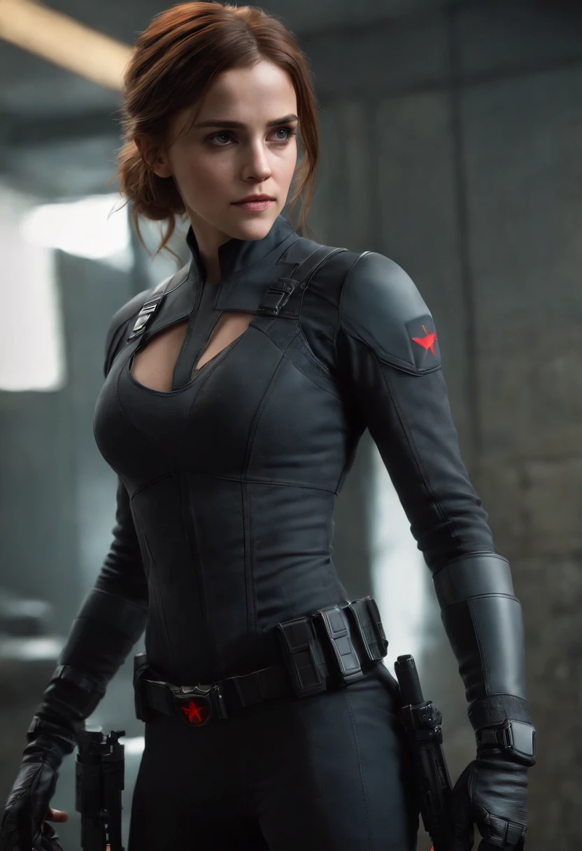 Black Widow Cosplay: Create a photorealistic image of Anna, 25 years old, blonde with blue eyes, in Black Widow cosplay. Important to keep the following facial features unchanged: large blue eyes with long lashes and slightly upturned outer corners, straight nose with a thin bridge and neat nostrils, full lips, the lower lip slightly larger than the upper one, oval face with softly defined cheekbones and a slightly pointed chin, fair skin with a slight blush. Hairstyle: short wavy haircut. Anna in Black Widow's black suit with red accents, wristbands with red LEDs, and a utility belt. Anna is in an urban setting, ready for action, in a combat stance with a determined look on her face. Camera shot from chest level, emphasizing her chest size.
