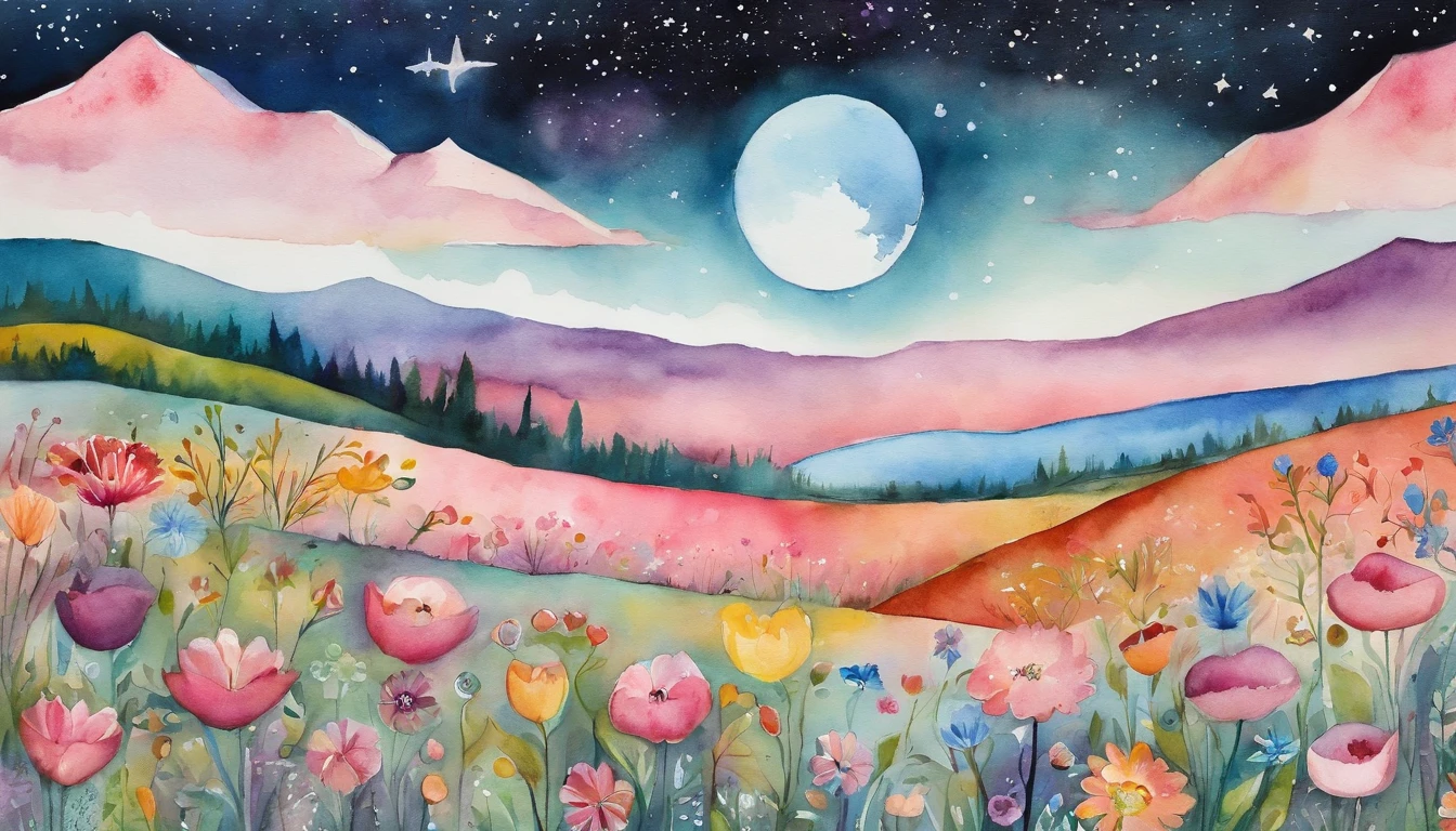 a flowering field, mountains and the moon, in the style of whimsical collage work, fairy kei, snow scenes, cinestill 50d, glistening, muted tones, surrealism, cloisonnism