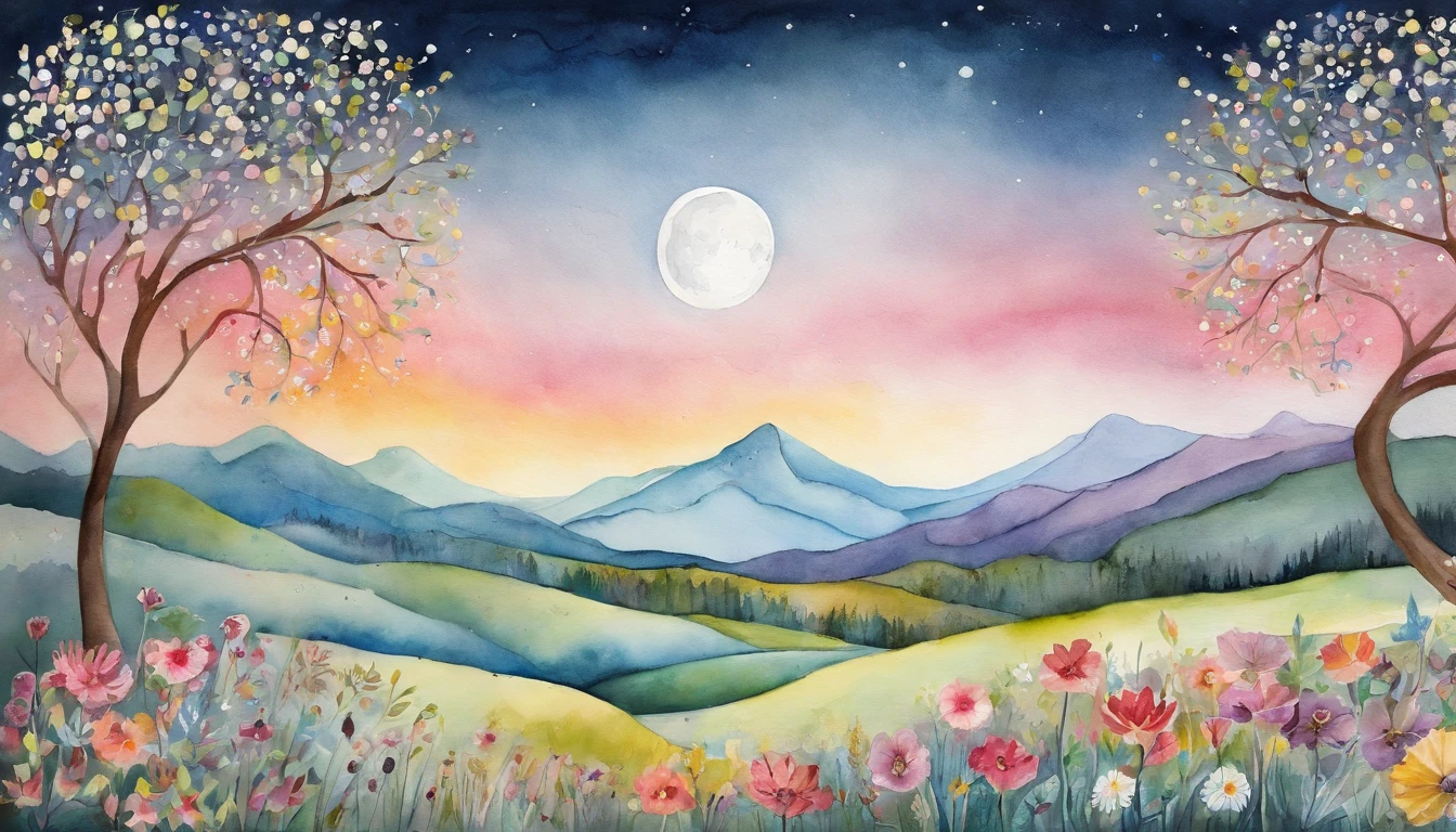 a flowering field, mountains and the moon, in the style of whimsical collage work, fairy kei, snow scenes, cinestill 50d, glistening, muted tones, surrealism, cloisonnism