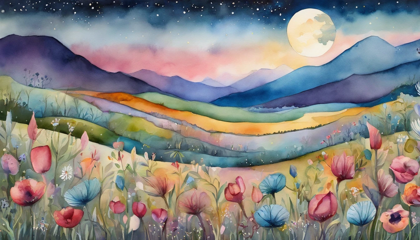 a flowering field, mountains and the moon, in the style of whimsical collage work, fairy kei, snow scenes, cinestill 50d, glistening, muted tones, surrealism, cloisonnism