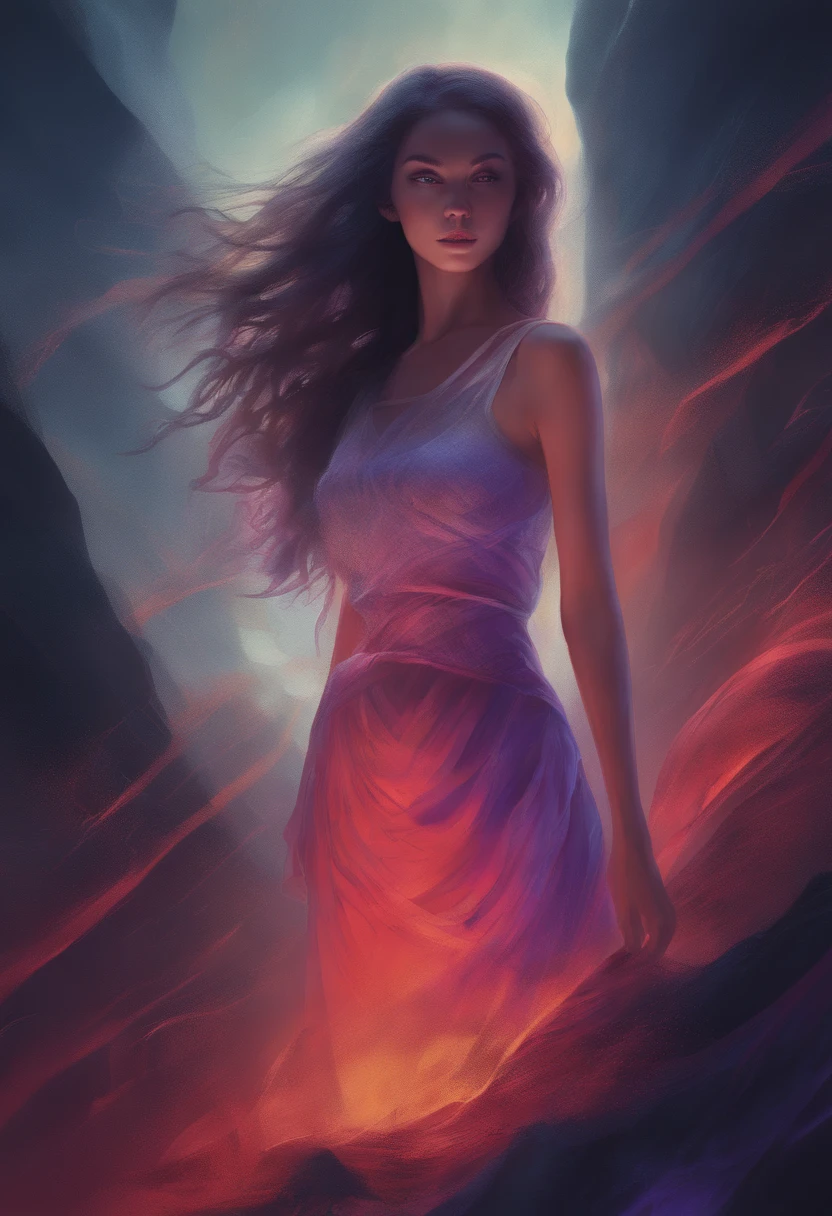 luminescent translucent ghostly glass fantasy young beautiful woman wearing a crop top with stripy short skirt, looking at viewer, sunset, soft body, flowing hair, Shadow play, top view, light, mist, moody, glossy brown hair, vivid, red, purple, blue , cinematic, Film light, Hyper detailed, Hyper realistic, masterpiece, atmospheric, High resolution, Vibrant, High contrast, dark angle, art by Koos Roos, 8k, HDR, 500px