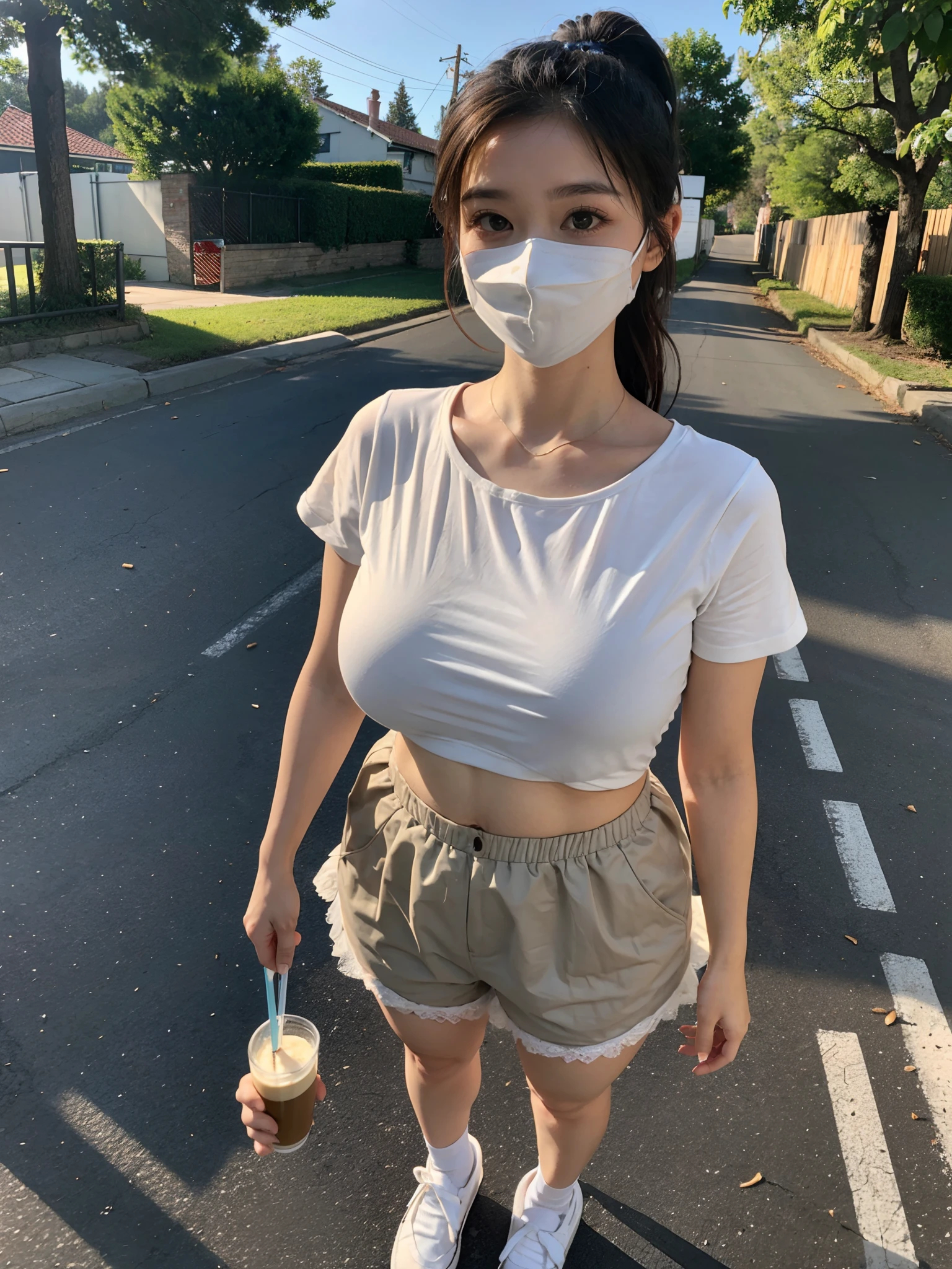 ((big underboob,Tomboyish,small heads)), (perfect bodies: 1.1), (short-length straighthair: 1.2), Black hair,short ponytail hair，Upper body, attractive collarbone，（极其细致的CG 8k壁纸），（Extremely refined and beautiful），（Masterpiece），（best qualtiy：1.0），（超高分辨率：1.0），beautiful light up，Perfect lightning，realistic shaded，[A high resolution]，Smooth and flawless fair skin，ultra - detailed ，(large breasts:1.1)，large chest，Obesity，fat，Thick waist, large belly，Thick arms, thick legs，NomNomFace，Smile，cheerfulness，Light gray mask，（Camel short-sleeved T-shirt:1.1），（White sheer tulle shorts：1.1），white short socks, Light blue slippers，Summer，eventide，Crowded crowds，at the doorstep of a school，Outside the school fence，standing，outside，Tree-lined roadsides，A cup of coffee in hand，Close-up，Drink coffee with a straw