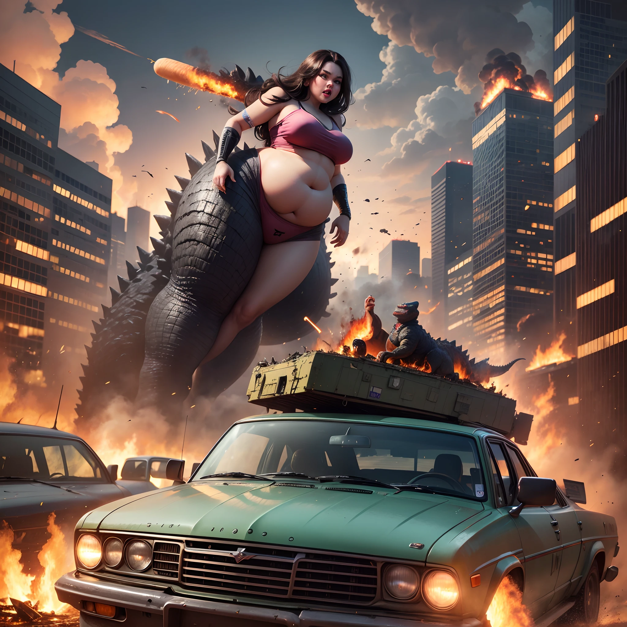 evil obese barbie the size of godzilla throwing hotdogs at military helicopters, city burning in the background, people running in panic, cars crushed and flipped over, war, --auto --s2