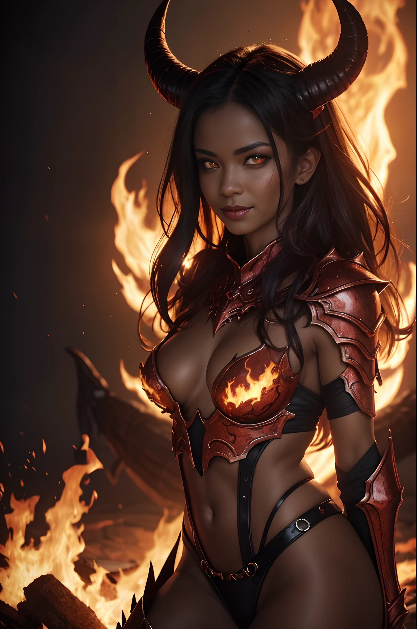 Beautiful mature female demon, horns, tail, cruel smile, red skin, sexy fetish armor, wreathed in fire, (fiery eyes:1.2), temptation, taking your soul, hellscape background, tortured souls, hordes of hell in the distance, (masterpiece), (photorealistic:1.4), RAW photo, best quality, high res, rich colors, backlight, bright sunlight, cinematic lighting, film grain, raw photo, 50mm lens, Nikon D850, warm colors