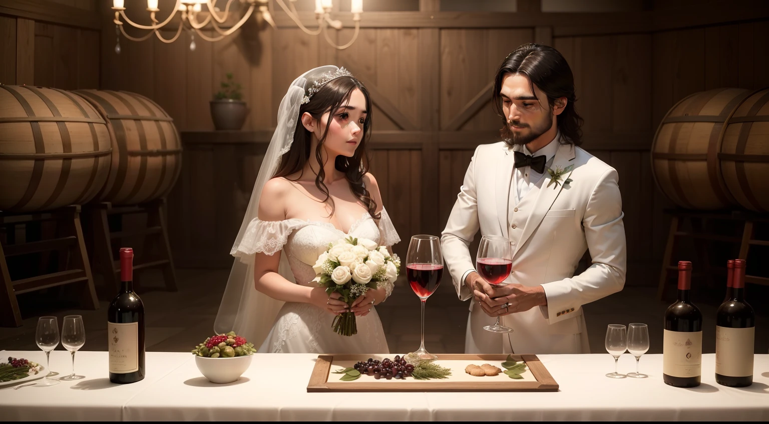 Generate an image that represents Jesus' miracle of turning water into wine during a wedding. About the price, Jesus is at the center, with a serene and understanding expression on his face. It is next to large pots of water, that are clearly visible in the image. The first pot should show clear water, and the last pot should show wine, with a gradual transition between them in the intermediate pots. Ao redor de Jesus, Os convidados do casamento ficam surpresos e maravilhados com o milagre, some of them holding glasses of freshly processed wine. The atmosphere is festive, with wedding decorations and music in the background.