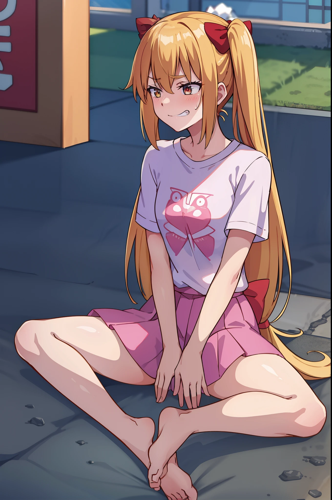 hiquality, tmasterpiece (One girl) blonde with ponytails. red bows. Pink T-shirt. pink skirt. bare feet. pink eyes. smirk