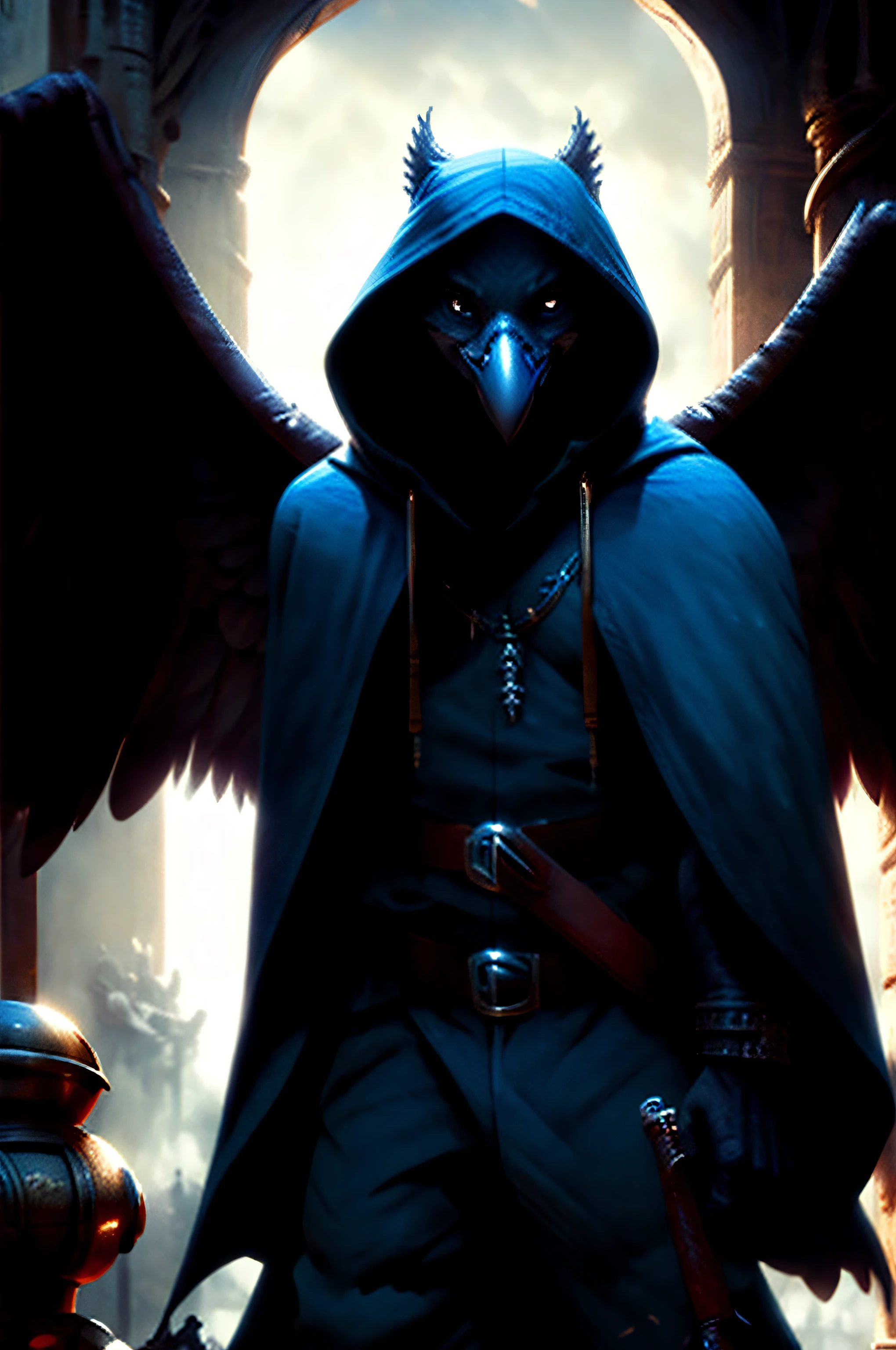 anthro bird, black feathers, hooded, blue right eye, ruined beak and a pipe made of bones, scars, behind the cloak a pair of ghost wings, with knife, ragged pants with bones attached to the belt, crazy look, claws