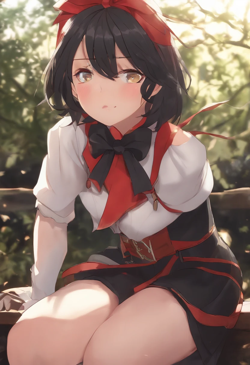 beautiful, masterpiece, best quality, extremely detailed face, perfect lighting, 1girl, solo, matoi ryuuko b, senketsu, suspender skirt, squatting,blush, cowboy shot