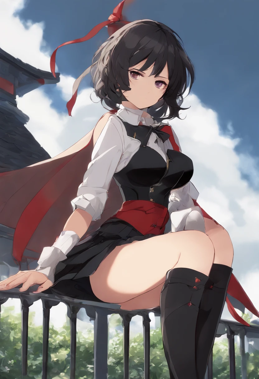 beautiful, masterpiece, best quality, extremely detailed face,  perfect lighting, 1girl, solo,  matoi ryuuko b, senketsu, suspender skirt, squatting,blush,  cowboy shot