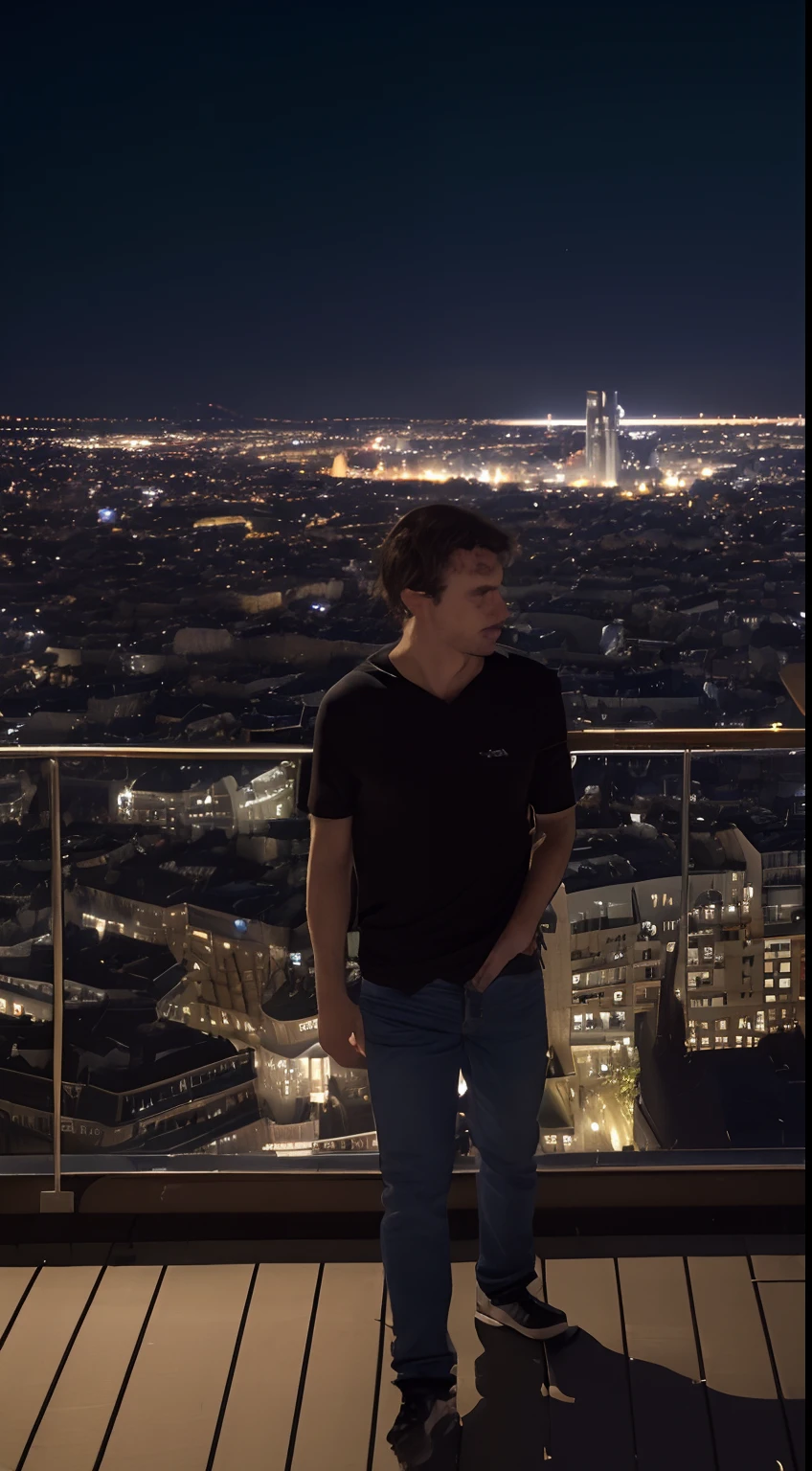 ((Minuit, beste-Qualit, 8k, master piece :1.3)), Corps entier, Longues jambes, Mise au point nette :1.2, A handsome boy with a perfect figure :1.4, Slender abs :1.1, ((dark brown hair, Seins gigantesques :1.2)), (Tshirt moulant blanc, Bavoir Jean, Debout:1.2), ((Vue nocturne sur la ville, Rooftop:1.3)), Highly detailed facial and skin texture, detailled eyes, double eyelidwork