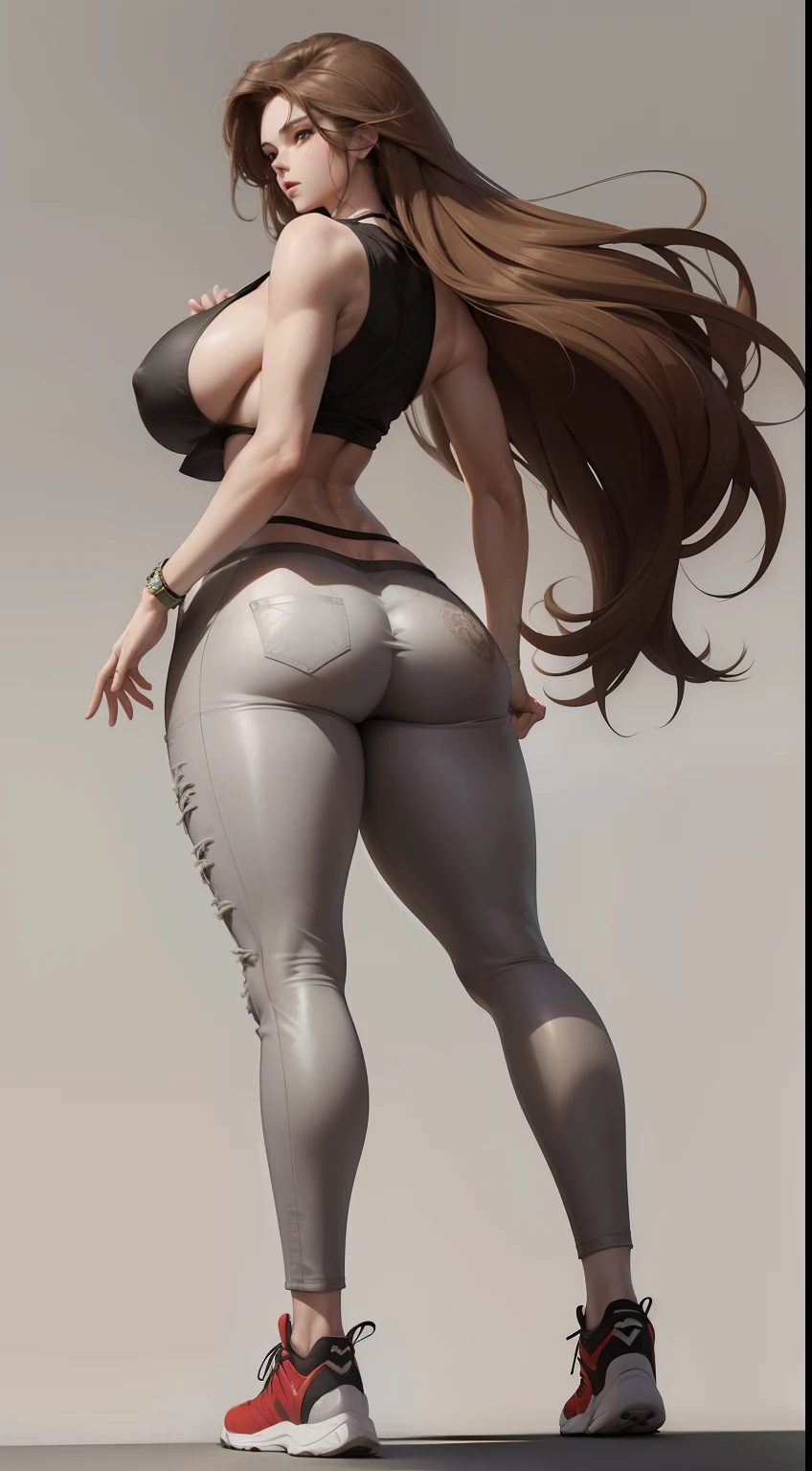 ((Full body)), (light brown hair, gradient hair, big hair, straight hair, absurdly long hair), (green eyes), expressionless, masterpiece, anatomically correct, high quality, HD, 4K, ((sideboob:1.5)), ((tight grey pants, low rise pants)), ((red sneakers)), (white ankle socks), ((sleeveless black croptop)), large midriff, grey background, simple background, anime style, intricate details, detailed face, ((gigantic breasts:1.2)), ((thick butt)), thick legs, black top