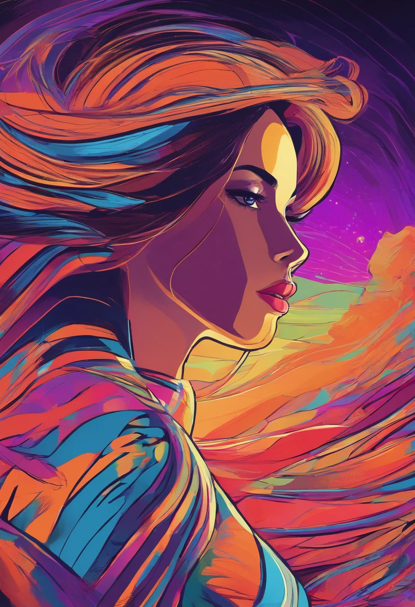 luminescent translucent ghostly glass fantasy young beautiful woman wearing a crop top with short striped skirt, Olhando para o Viewer, Sunset, corpo mole, flowing hair, Teatro de sombras, Top view, Luz, nevoeiro, Moody, cabelo castanho brilhante, Vivid, vermelho, Purple, azul , cinemactic, Luz do filme, hiper detalhado, hyper realistic, master part, Atmospheric, high resolution, vibrante, alto contraste, Dark angle, arte por Koos Roos, 8k, HDR, 500px
